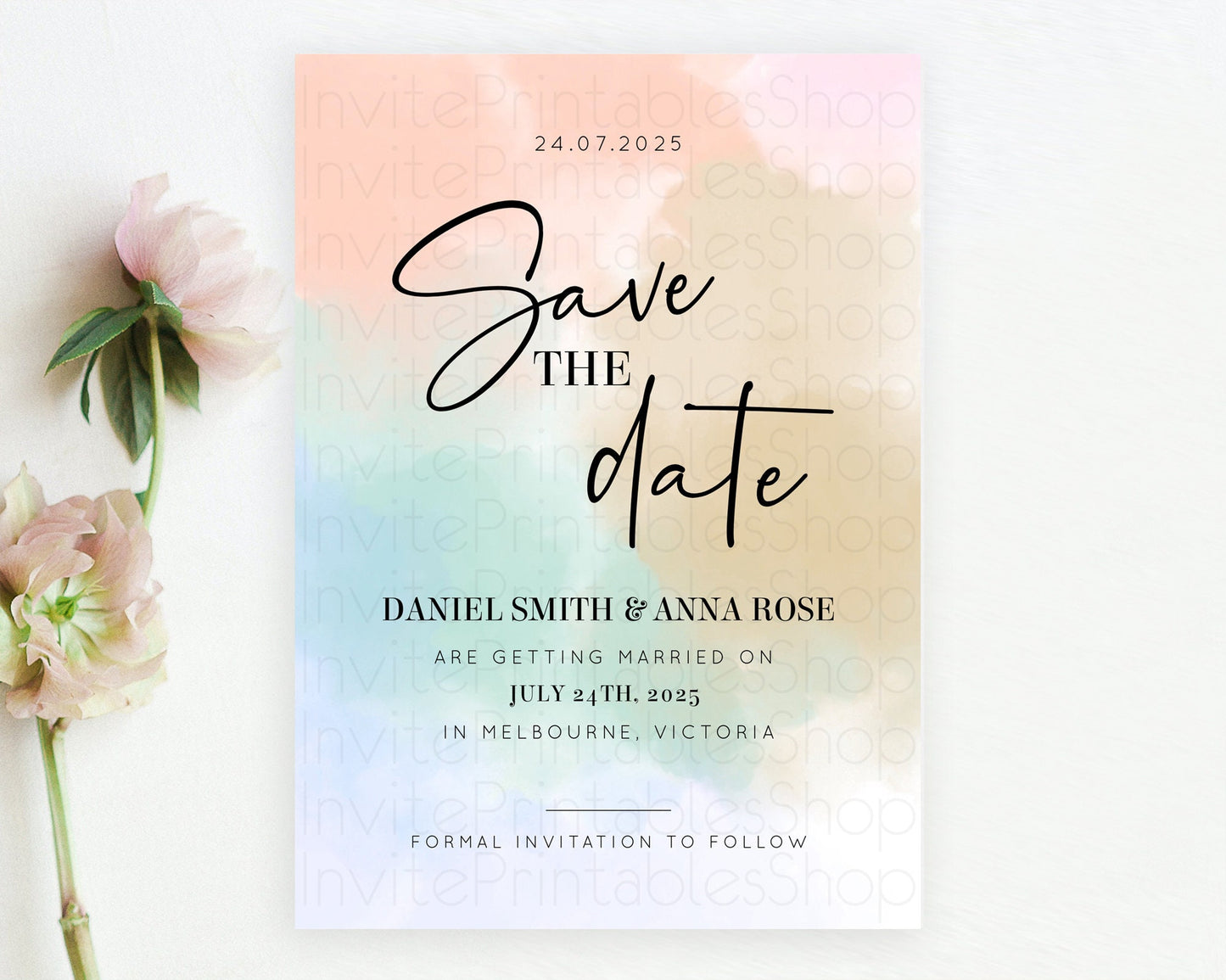 Pastel Save The Date Template Pastel Ombre Rainbow Watercolor Colorful Party For Birthday Baptism Baby Shower Wedding Bridal Shower D10370