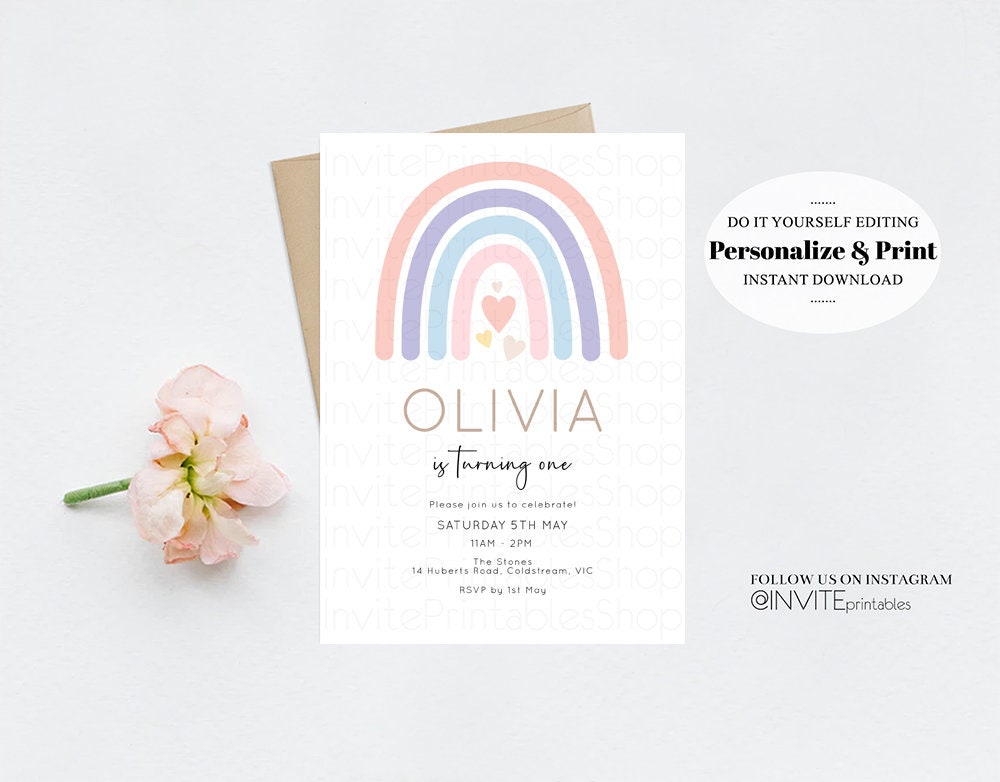 Rainbow Birthday Invitation Pastel Colorful Twinkle Stars Sky Clouds Watercolor Pink Blue Green Yellow White Modern Printable Invite