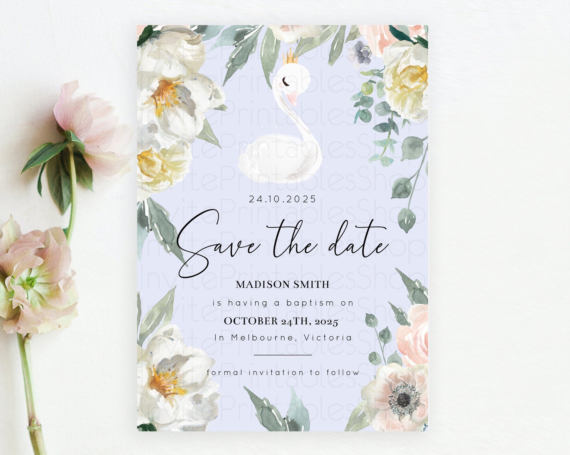 Editable Swan Save The Date Template Swan Princess Ballet Party Enchanted Sw