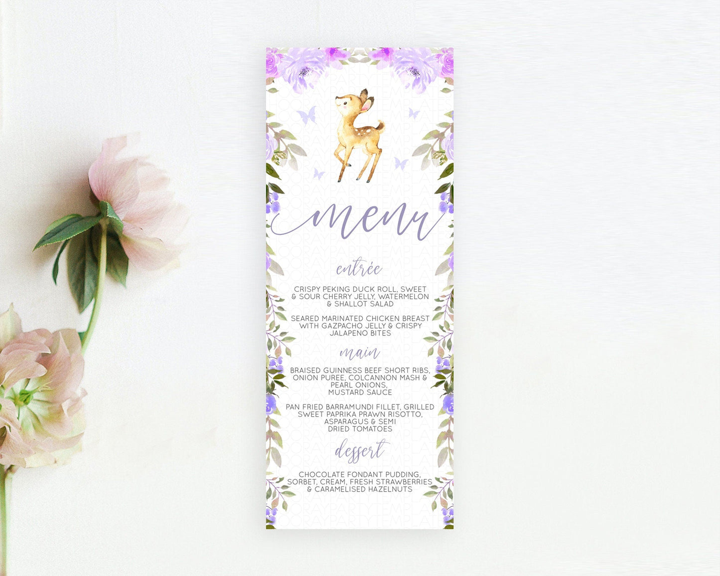Fawn Menu Deer Menu Template Pastel Floral Deer Table Decor Enchanted Forest Butterfly Floral Dinner Dessert Menu Party Food Menu D10916