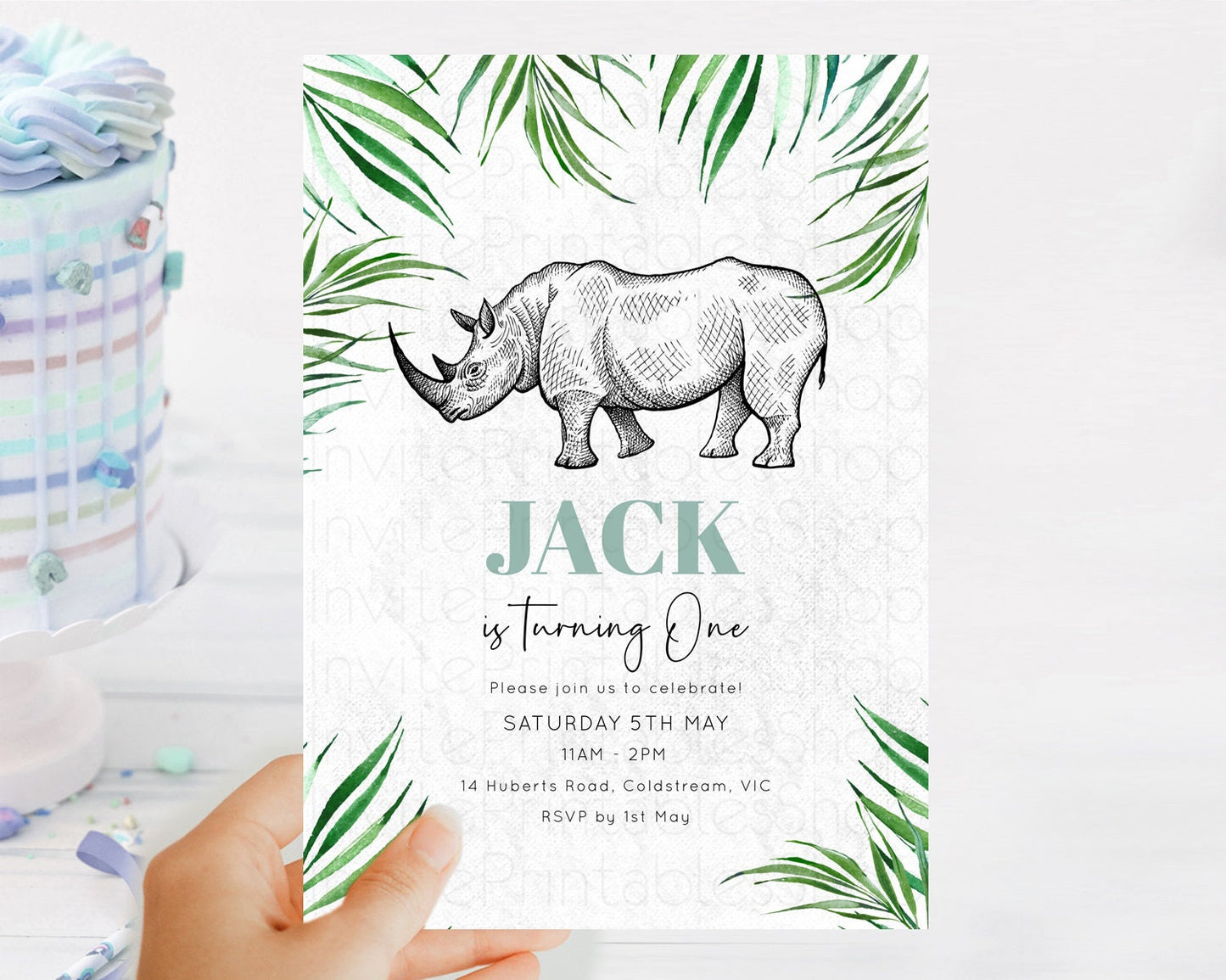 Rhino Birthday Invitation Rhino Invitation Rhino Birthday Rhino Safari Adventure Invite Rhino Palm Leaf Invite Zoo Party D10848