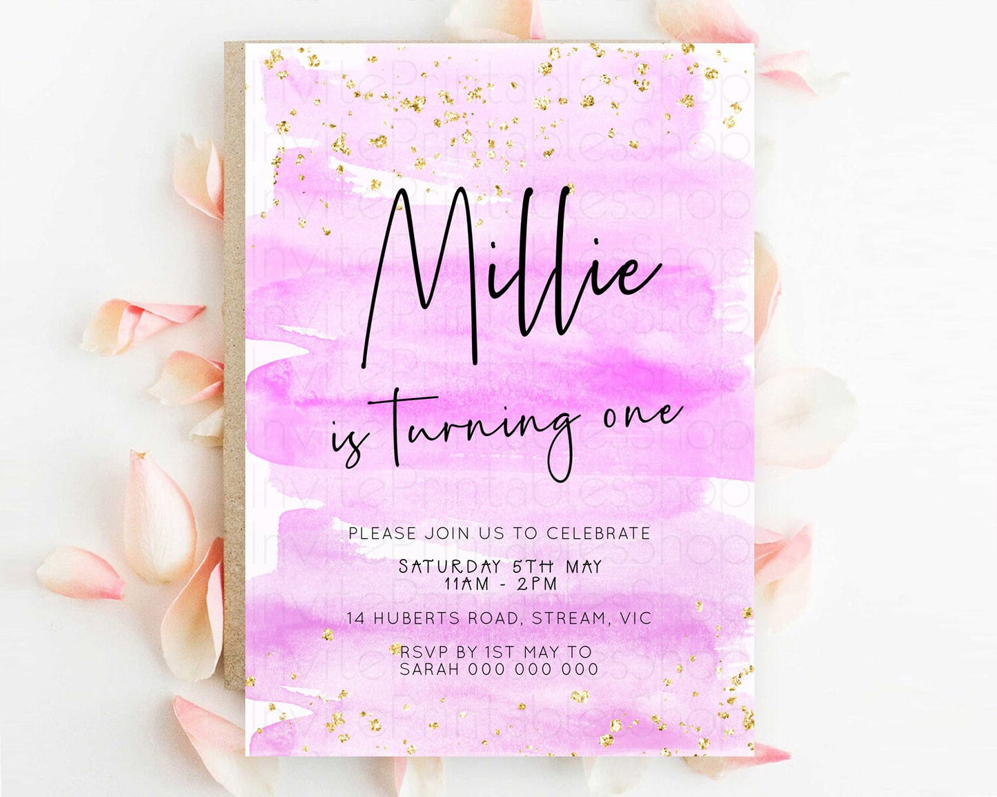 Editable Pink Birthday Invitation pink Watercolor Invitation Pastel pink Wat