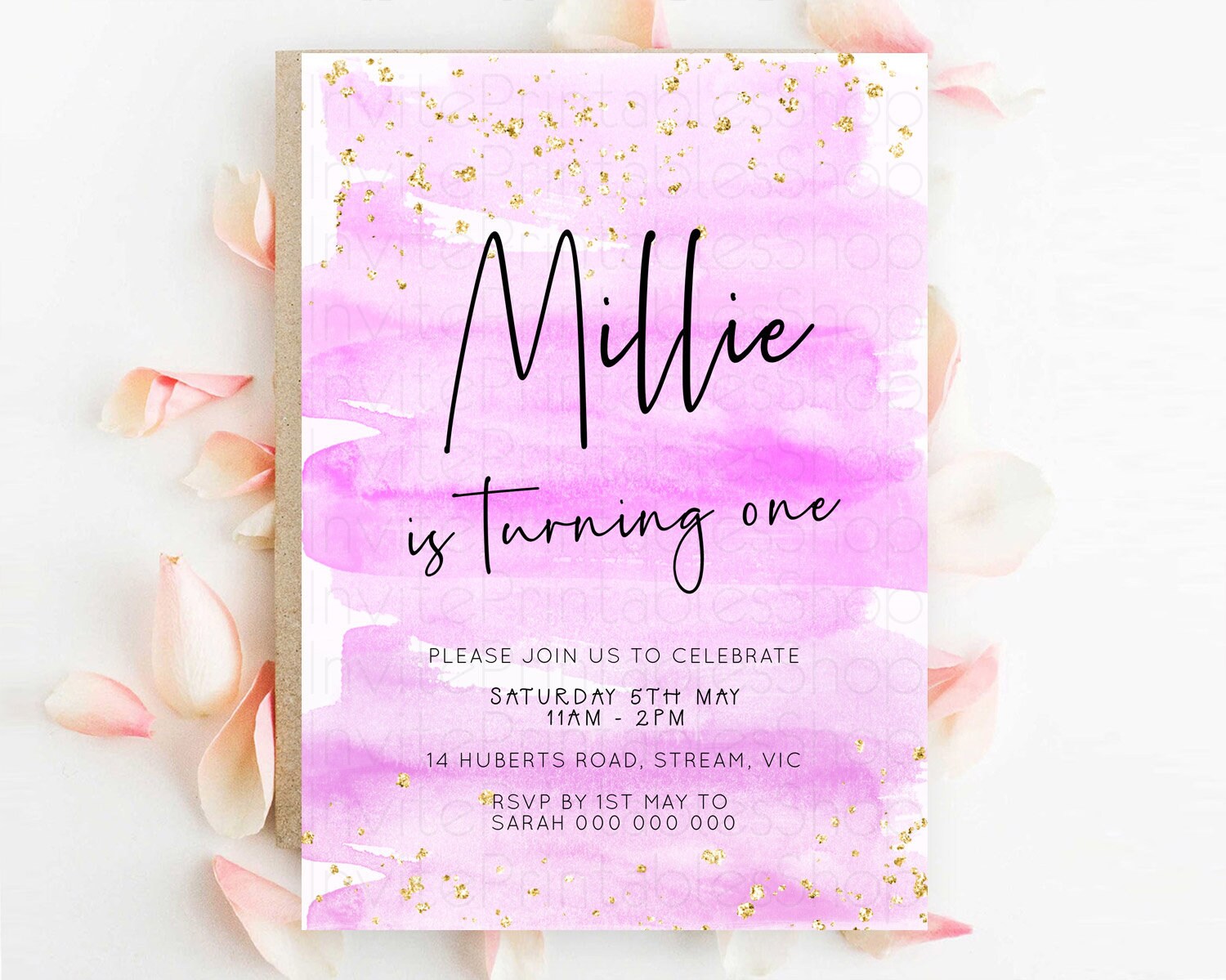 Editable Pink Birthday Invitation pink Watercolor Invitation Pastel pink Wat