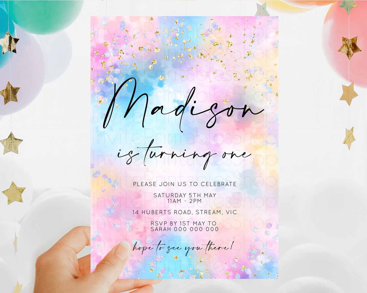 Rainbow Birthday Invitation Colorful Pastel Watercolor Invitation Gold Glitter Sprinkles Ombre Pastel 1st 2nd 3rd Birthday D10607