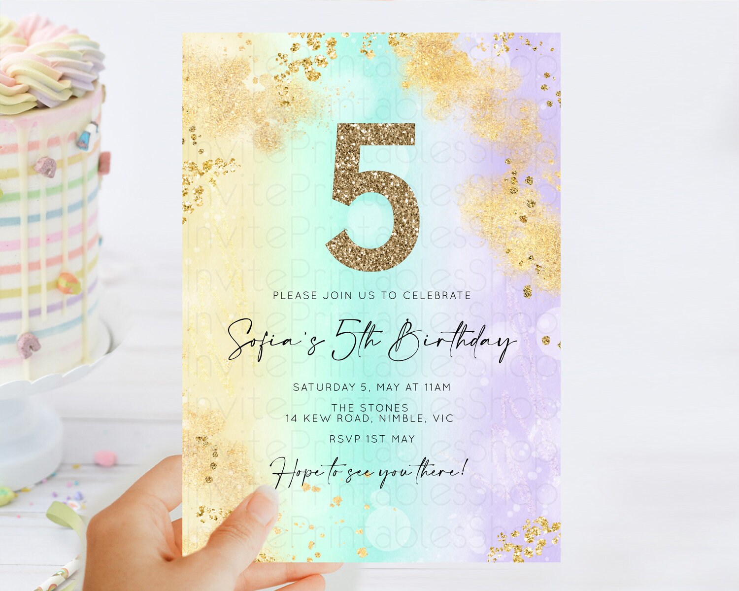 Editable Rainbow Birthday Invitation Colorful Pastel Watercolor Invitation G