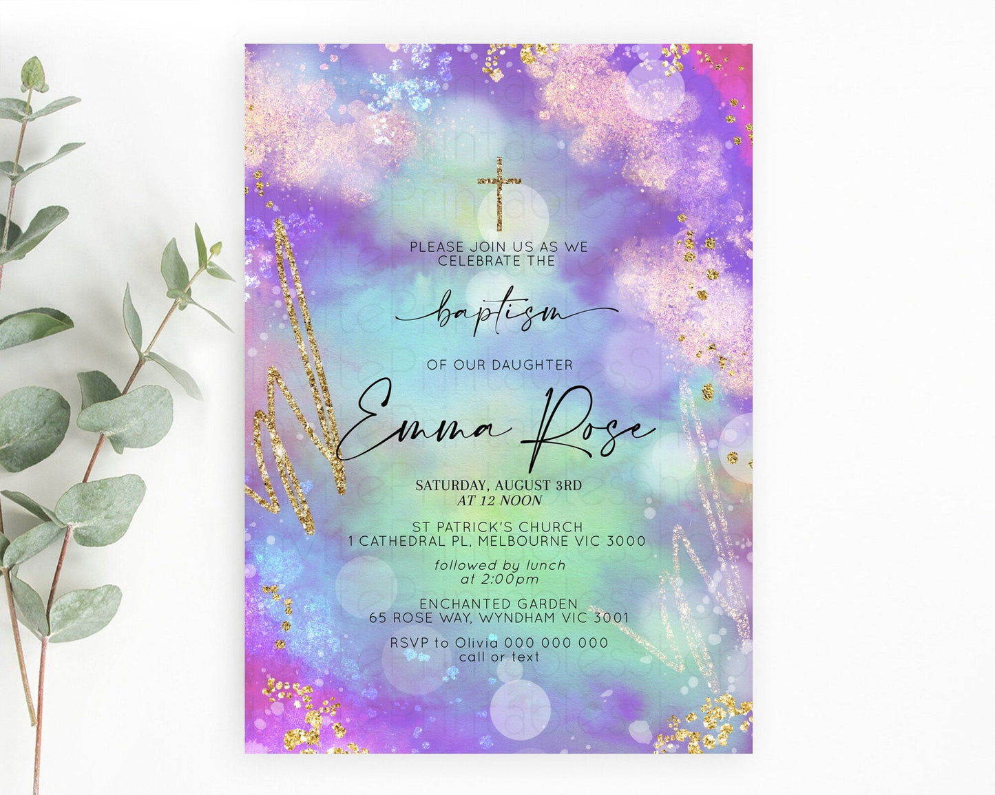 Pastel Baptism Invitation Pastel Colors Watercolor Baptism 1st Birthday Party Gold Ombre Pastel Rainbow Christening Holy Communion D10680