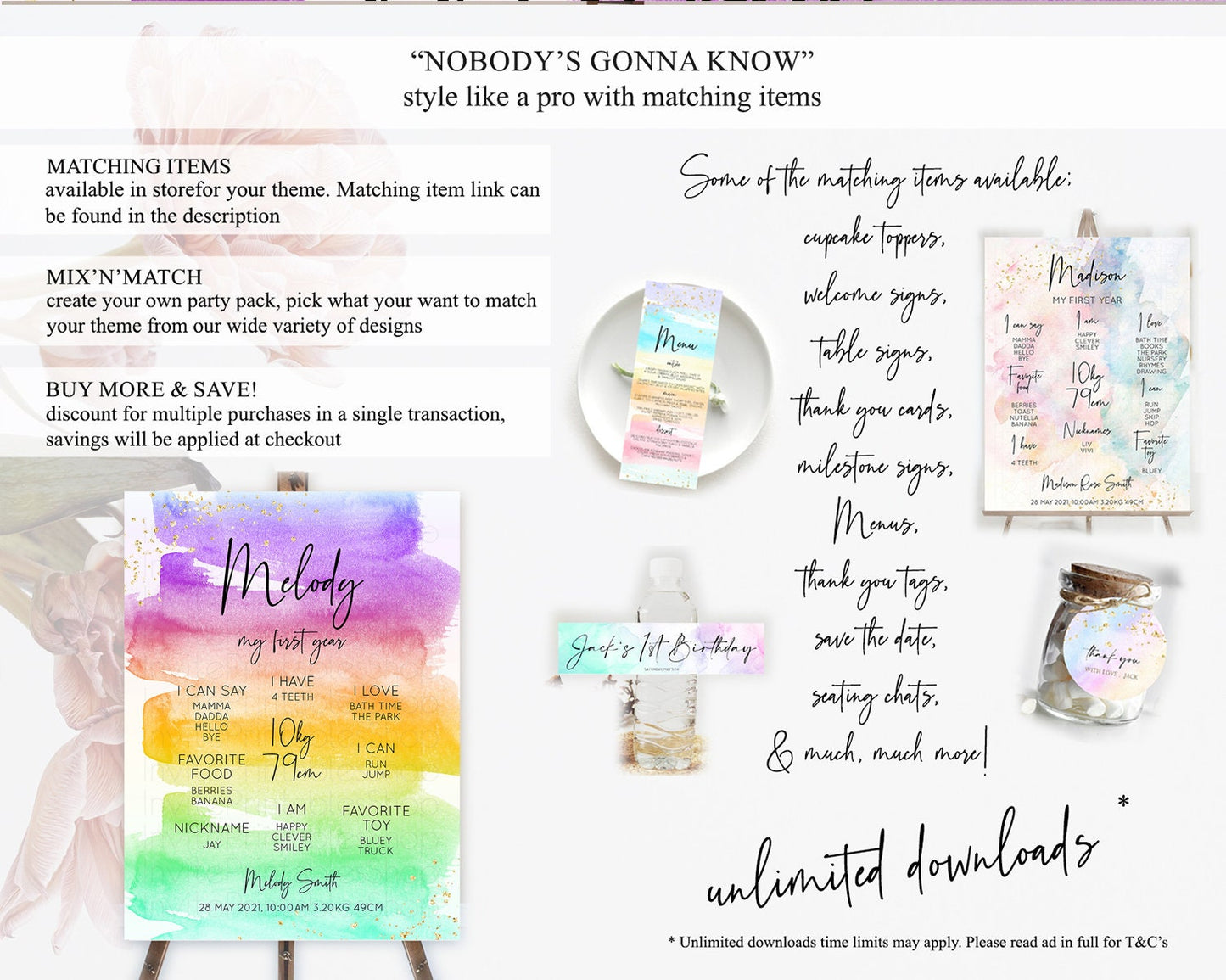 Pastel First Birthday Milestone Board Pastel Rainbow Milestone Poster Colorful Confetti Watercolor Glitter 1st Birthday Welcome Sign D10524