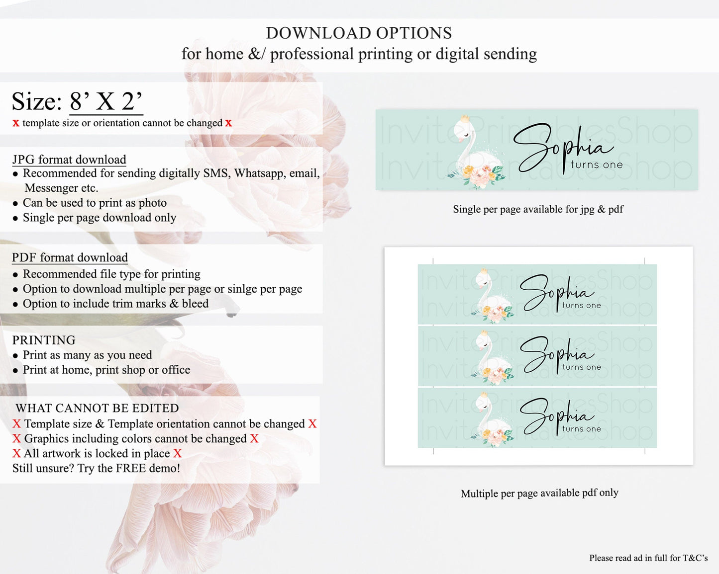 Swan Water Label Template Swan Princess Ballet Party Decor Enchanted Secret Garden Pastel Floral Birthday Baptism Baby Shower D10905