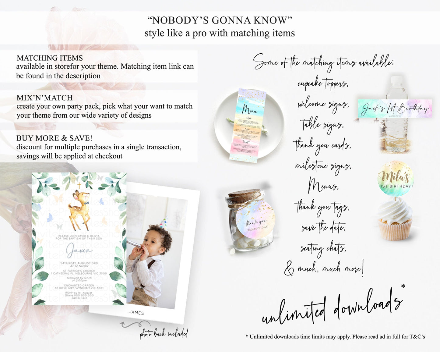 Fawn Baptism Invitation Deer Baptism 1st Birthday Invitation Enchanted Forest Christening Invitation Pastel Garden Butterfly Floral D10767