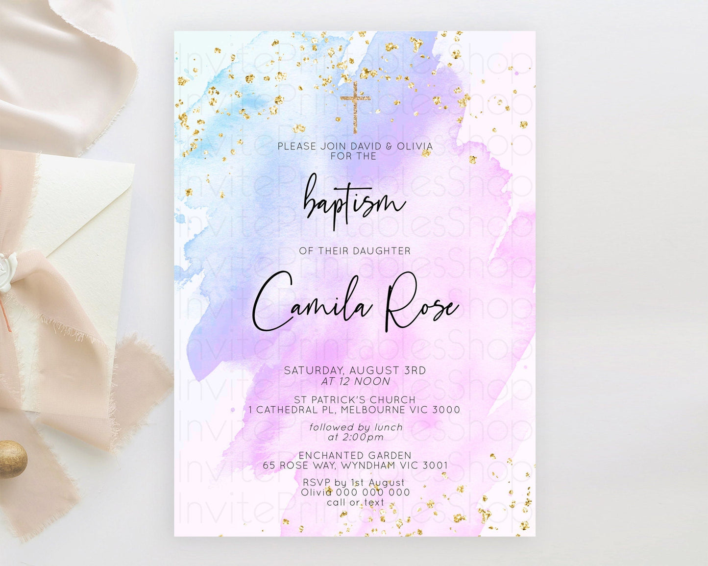 Purple Baptism Invitation Purple Watercolor Baptism Birthday Invitation Pastel Purple Watercolor Christening Invite Purple Splash D10169