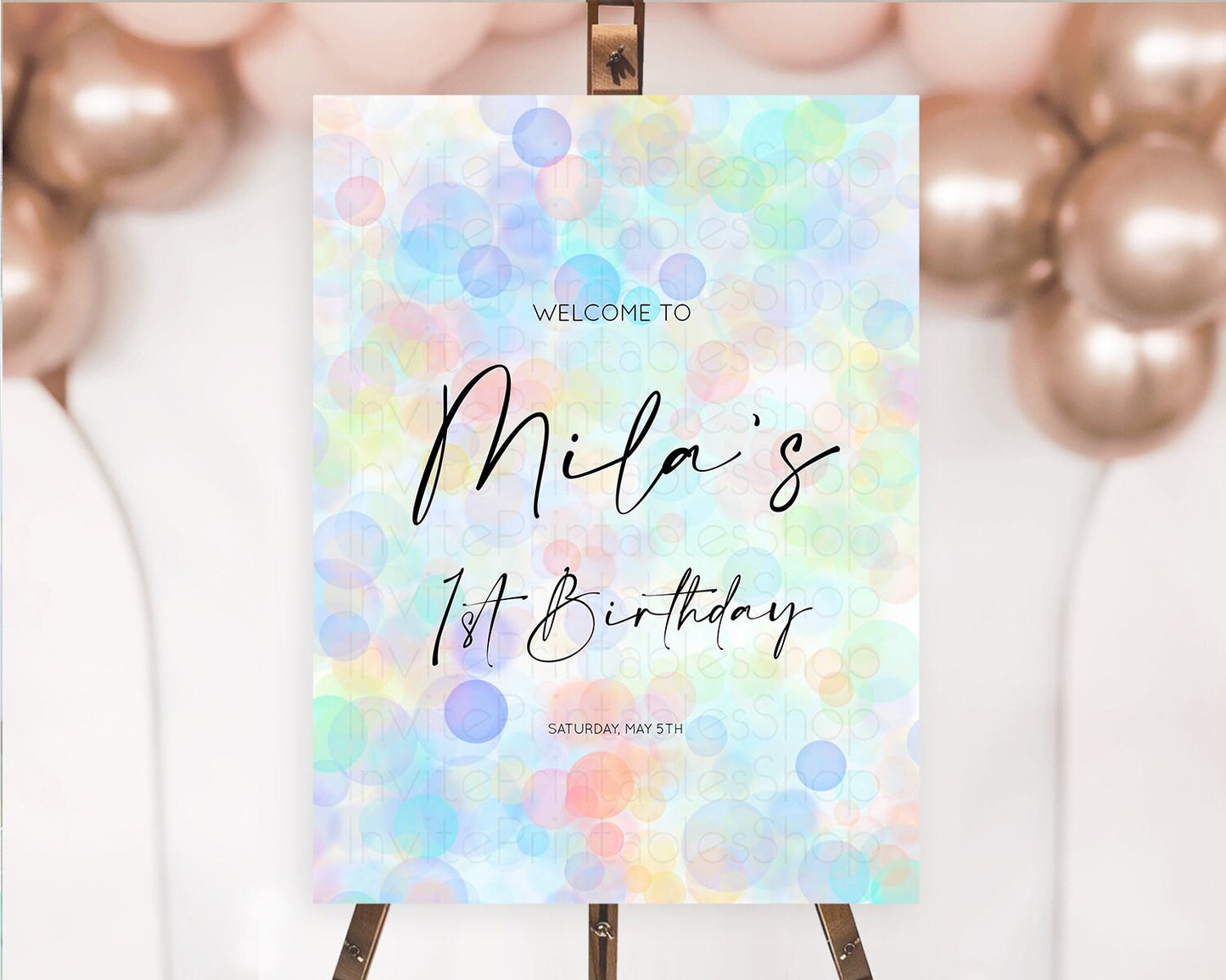 Pastel Welcome Sign Bubble Bath Birthday Party Rainbow Welcome Board Pastel Bubbles Colorful Confetti First Birthday Welcome Sign D10446