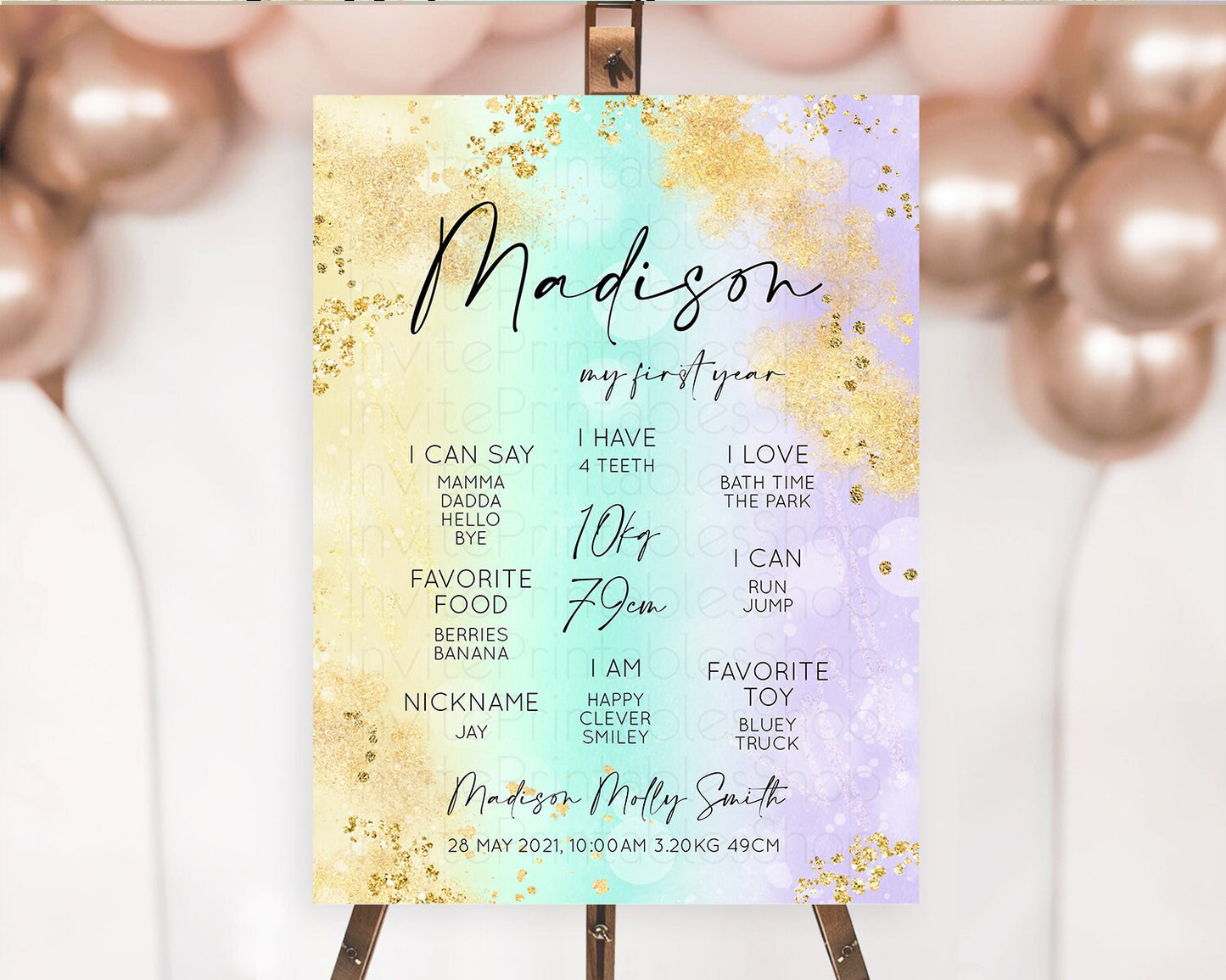 Pastel First Birthday Milestone Board Pastel Rainbow Milestone Poster Colorful Confetti Watercolor Glitter 1st Birthday Welcome Sign D10672