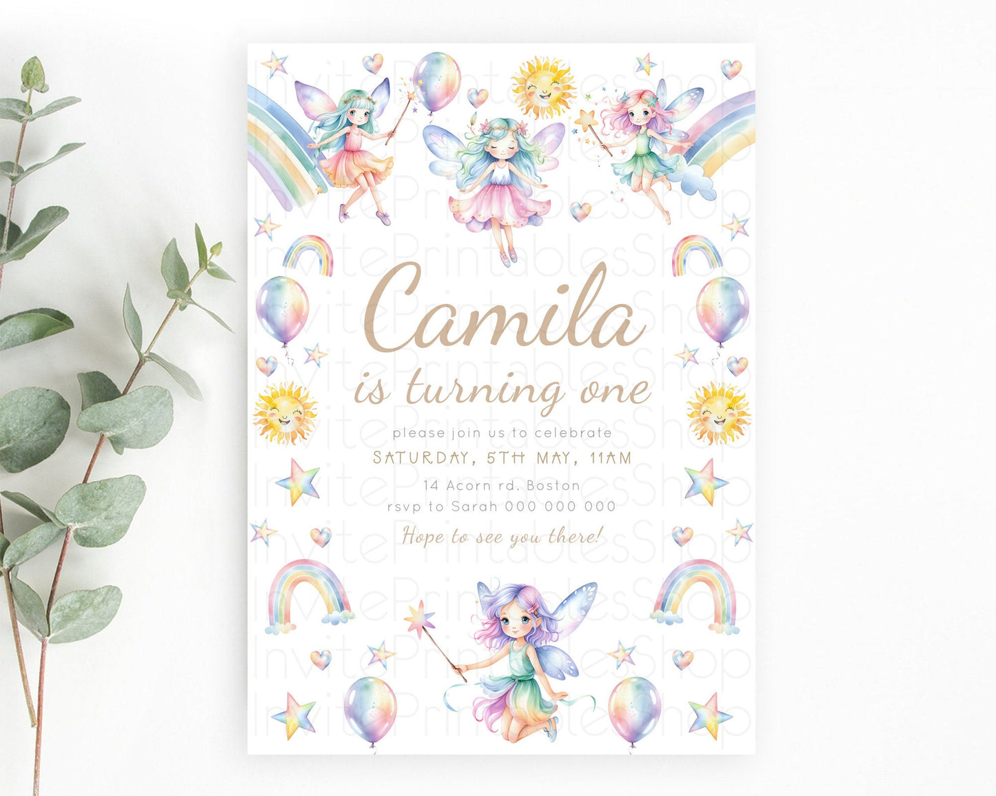 Rainbow Fairy Birthday Invitation Pastel Birthday Invitation Magical Pastel Fairy Party Theme Pastel Stars Heart Sun 1st 2nd Birthday D23373