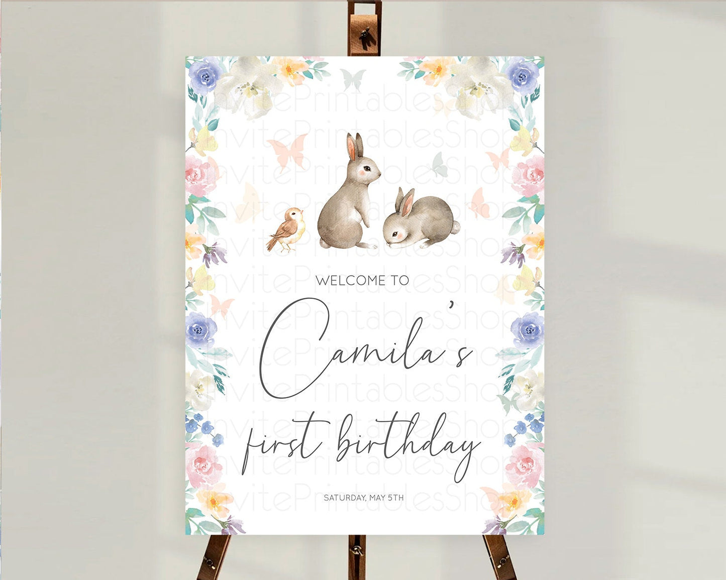 Bunny Welcome Sign Floral Bunny Welcome Board Pastel Flowers Woodland Bunny Welcome Poster Forest Bunny First Birthday Welcome Sign D10928