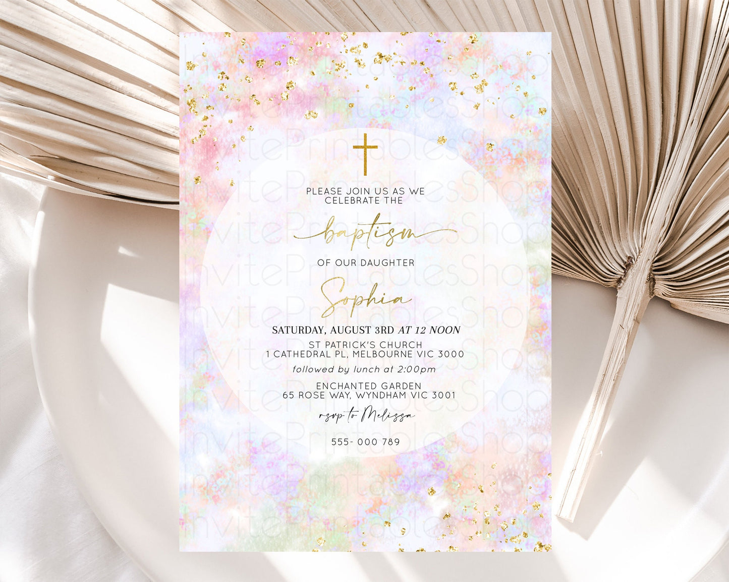 Pastel Baptism Invitation Pastel Colors Watercolor Baptism 1st Birthday Party Gold Ombre Pastel Rainbow Christening Holy Communion D10649