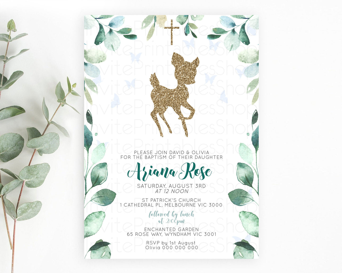 Fawn Baptism Invitation Deer Baptism 1st Birthday Invitation Enchanted Forest Christening Invitation Pastel Garden Butterfly Floral D10882