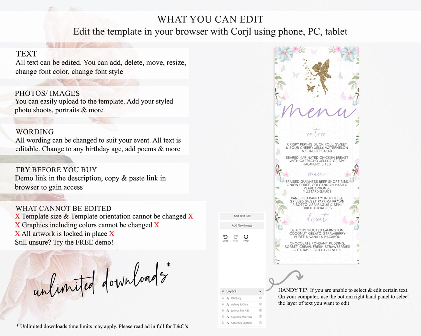 Fairy Menu Fairy Menu Template Enchanted Garden Pastel Floral Butterfly Table Décor Fairy Secret Garden Dinner Dessert Food Menu D10475