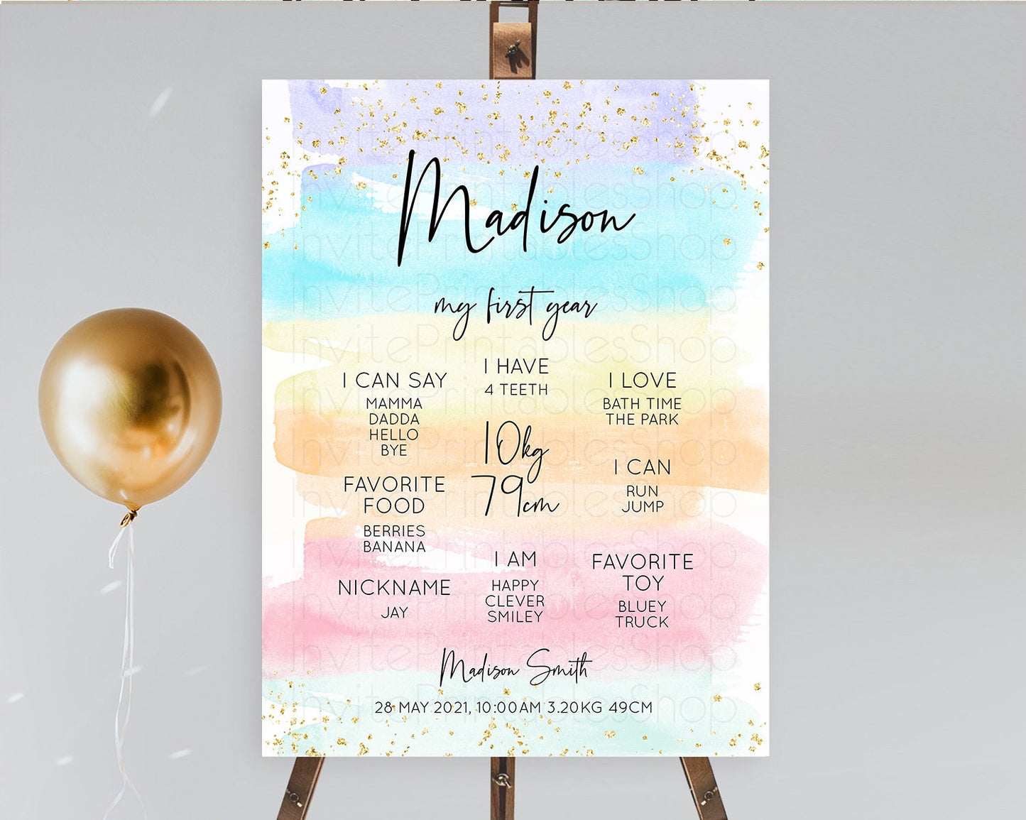 Pastel First Birthday Milestone Board Pastel Rainbow Milestone Poster Colorful Confetti Watercolor Glitter 1st Birthday Welcome Sign D10505