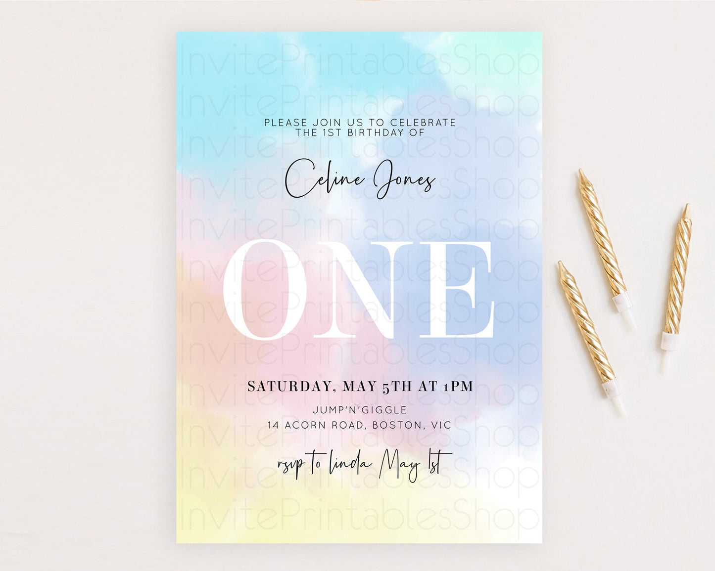 Rainbow Birthday Invitation Colorful Pastel Watercolor Invitation Gold Glitter Sprinkles Ombre Pastel 1st 2nd 3rd Birthday D10373