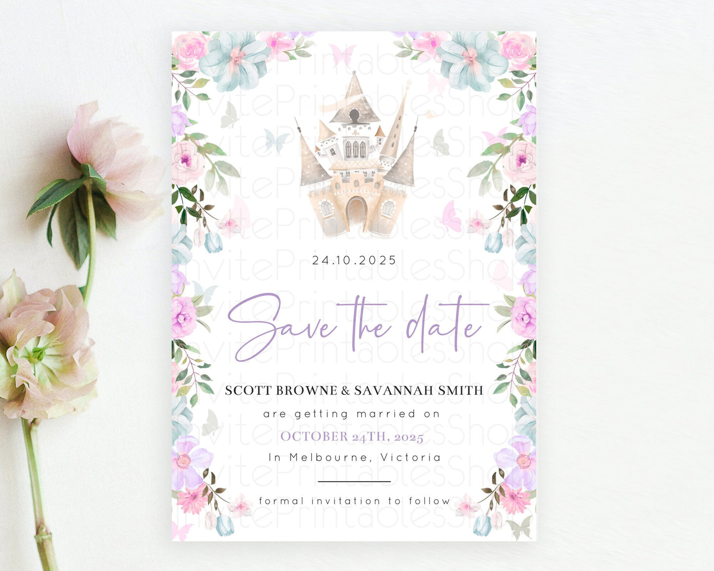 Princess Save The Date Template Secret Garden Enchanted Castle Pastel Floral Royal Party For 1st Birthday Baptism Baby Shower D10471