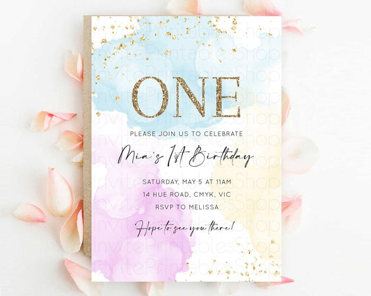 Rainbow Birthday Invitation Colorful Pastel Watercolor Invitation Gold Glitter Sprinkles Ombre Pastel 1st 2nd 3rd Birthday D10204