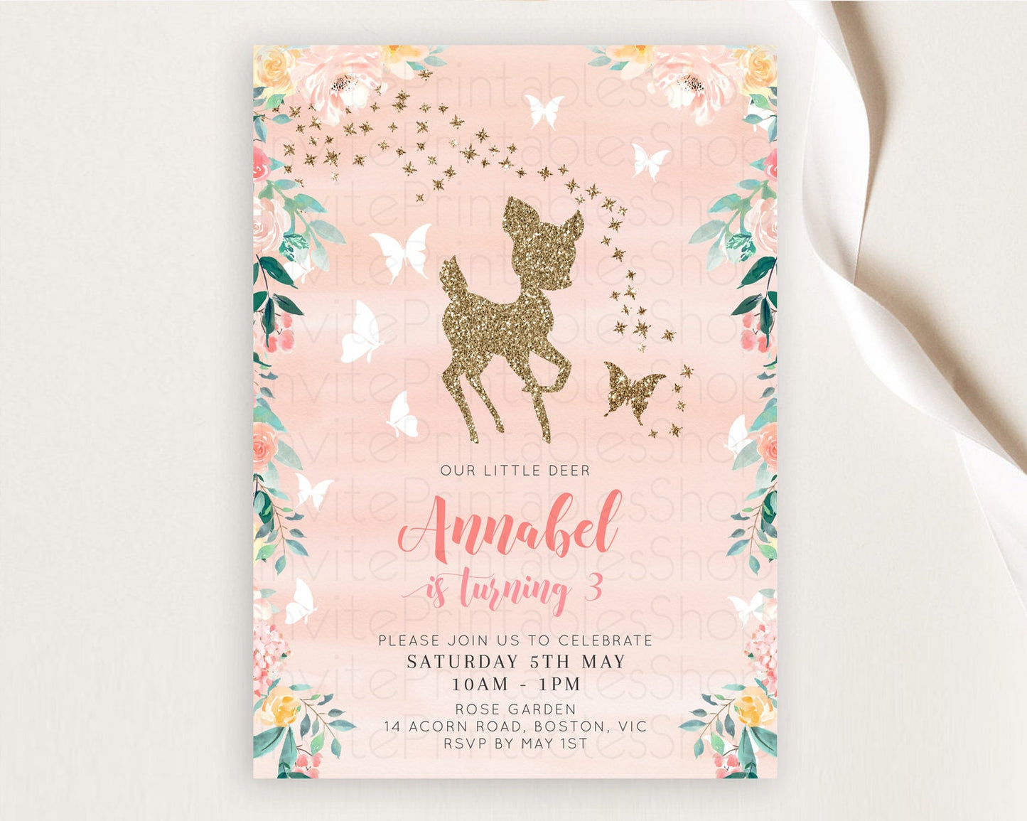 Fawn Birthday Invitation Deer Birthday Invitation Enchanted Forest Party Butterfly Pastel Flowers Whimsical 2nd 1st First Birthday D10873