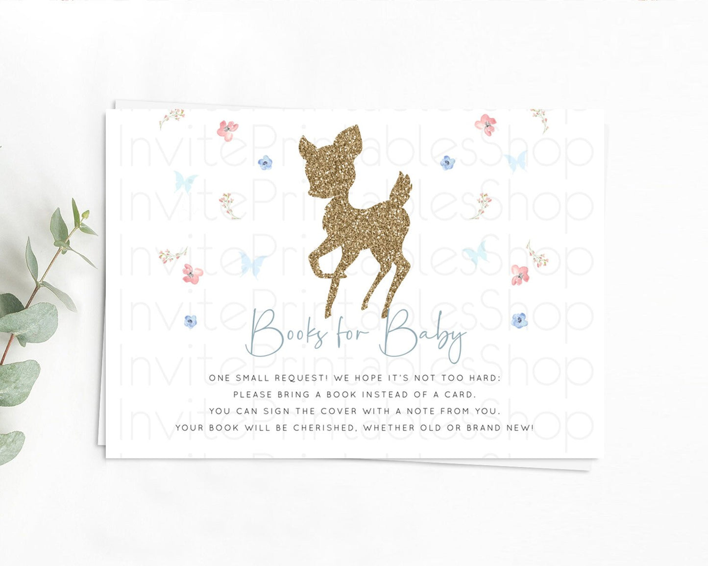 Fawn Books For Baby Card Deer Book Insert Floral Deer Book Card Enchanted Forest Butterfly Pastel Baby Shower Book Poem Request D10359