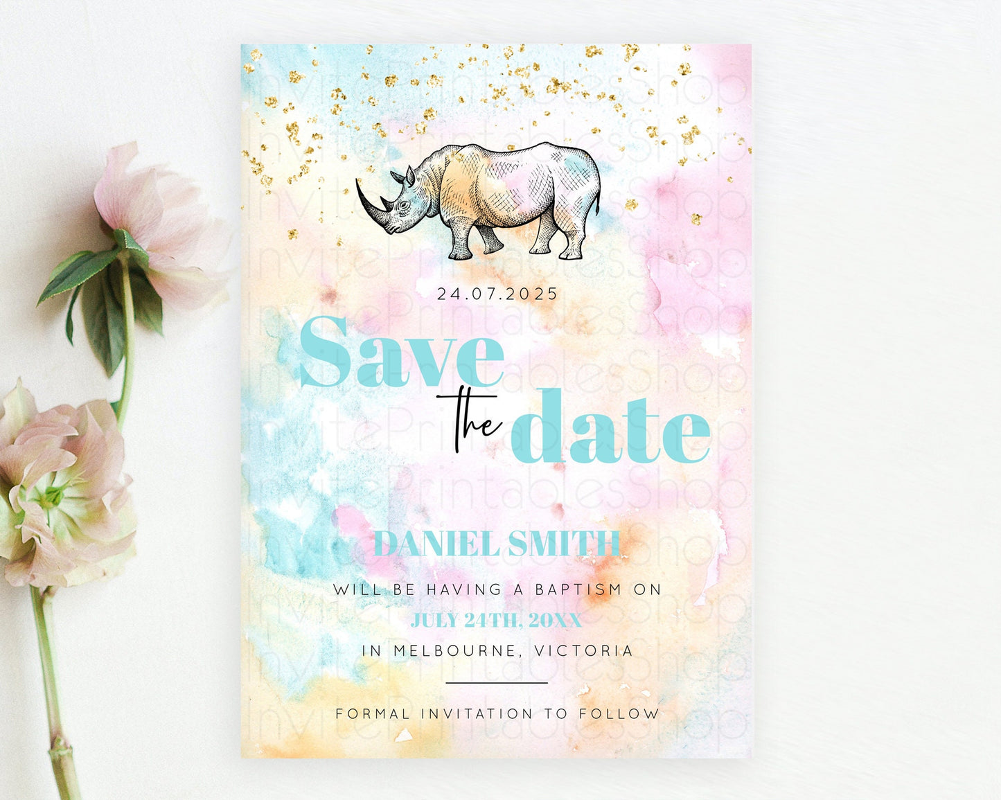 Pastel Rhino Save The Date Template Rainbow Watercolor Rhino Party Save The Date Colorful Rhino Theme Birthday Baptism Baby Shower D10287