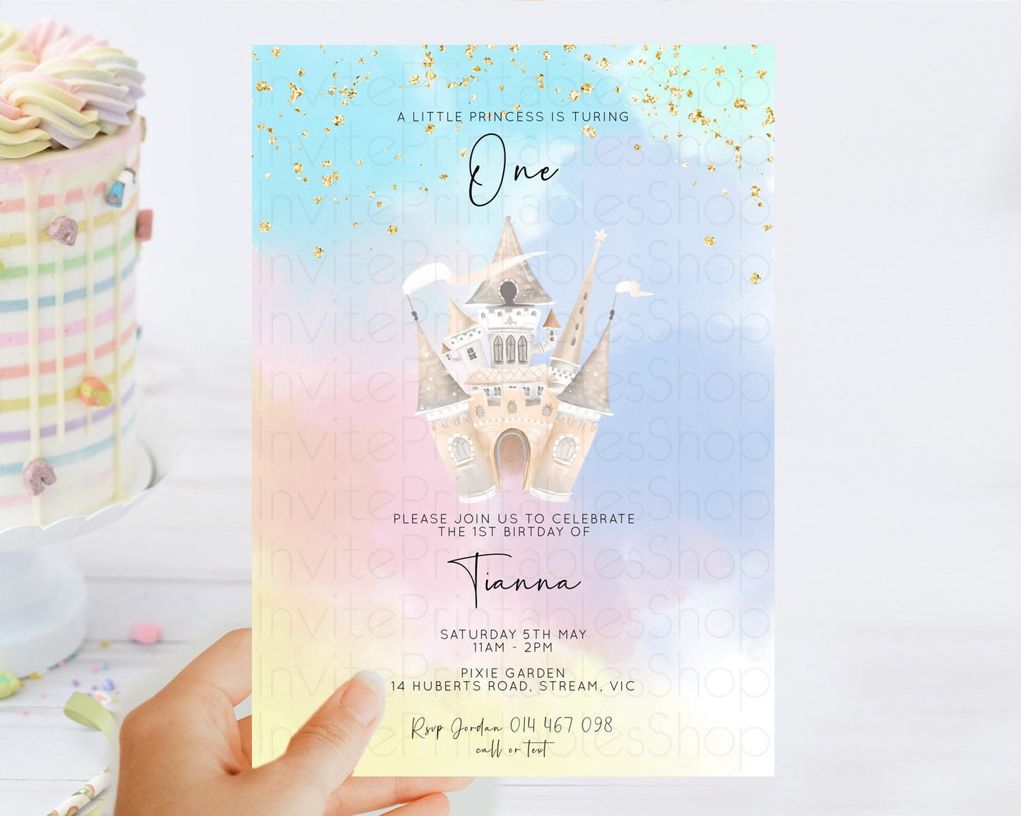 Princess Birthday Invitation Princess Invitation Pastel Invitation Royal Birthday Rainbow Color Enchanted Castle 1st First Birthday D10376