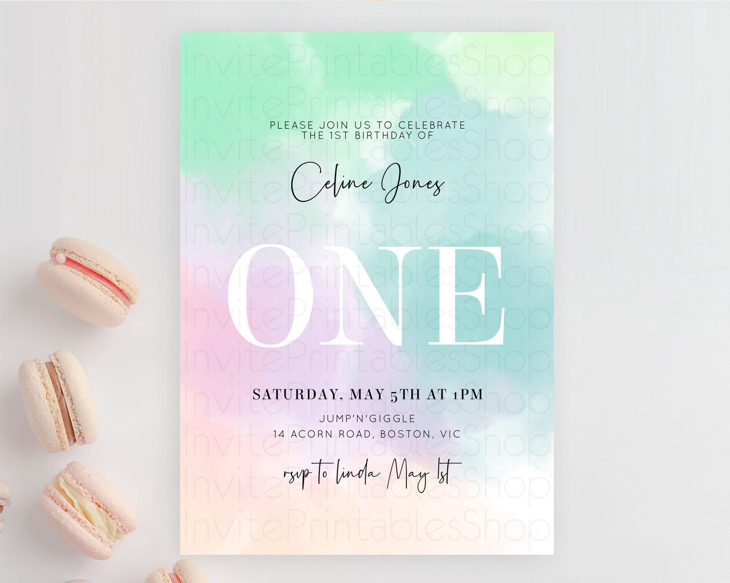 Editable Rainbow Birthday Invitation Colorful Pastel Watercolor Invitation G