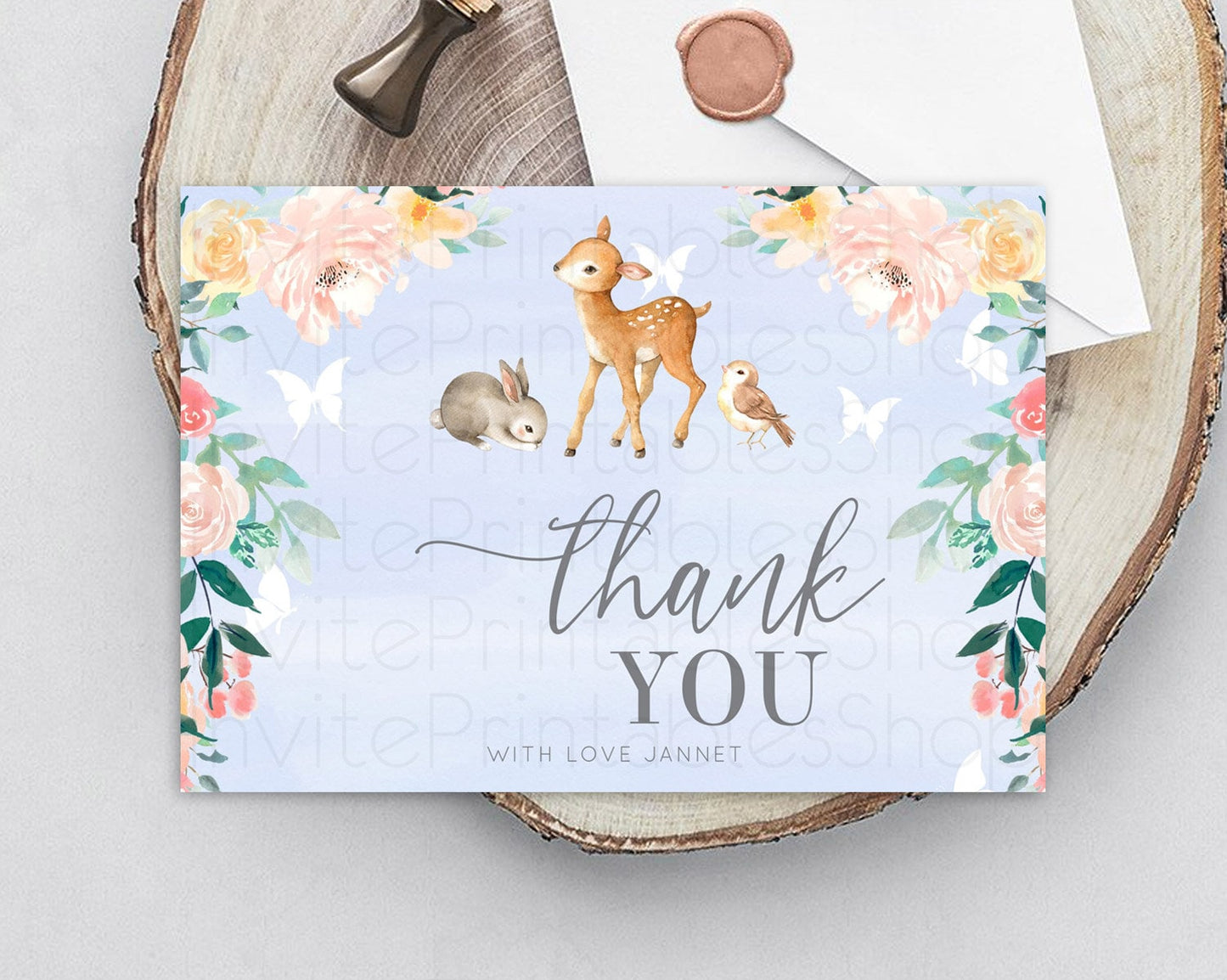 Fawn Thank You Deer Thank You Card Pastel Floral Deer Birthday Thank You Card Enchanted Forest Butterfly Deer Teacher Thank You Card D10920