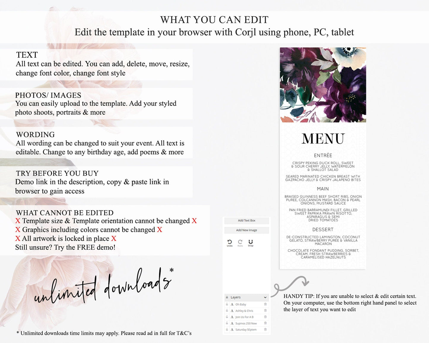 Secret Garden Menu Wildflower Menu Template Pastel Flower Garden Table Decor Boho Floral Dinner Dessert Floral Party Food Menu D11062