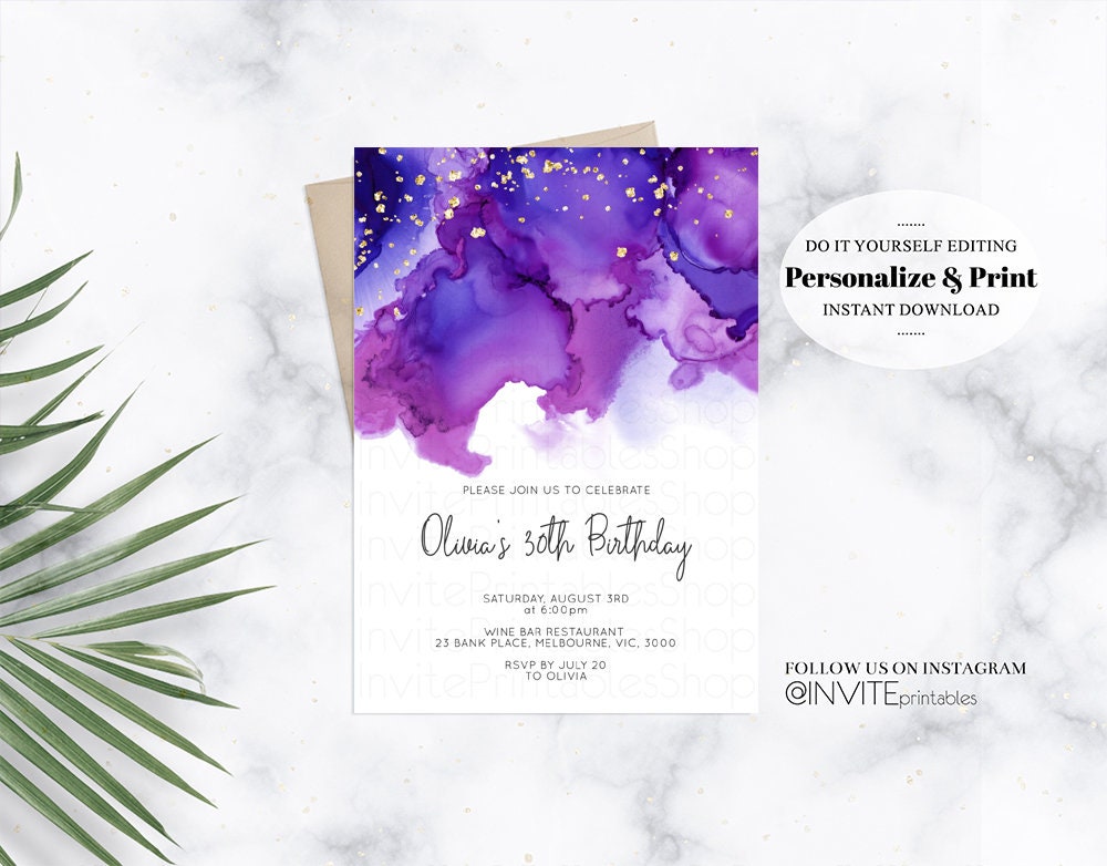 Purple Birthday Invitation Jewel Oil Acrylic Watercolor Ink Splash Gold Foil Splatter Sprinkles Water Marble Printable 30th Invite