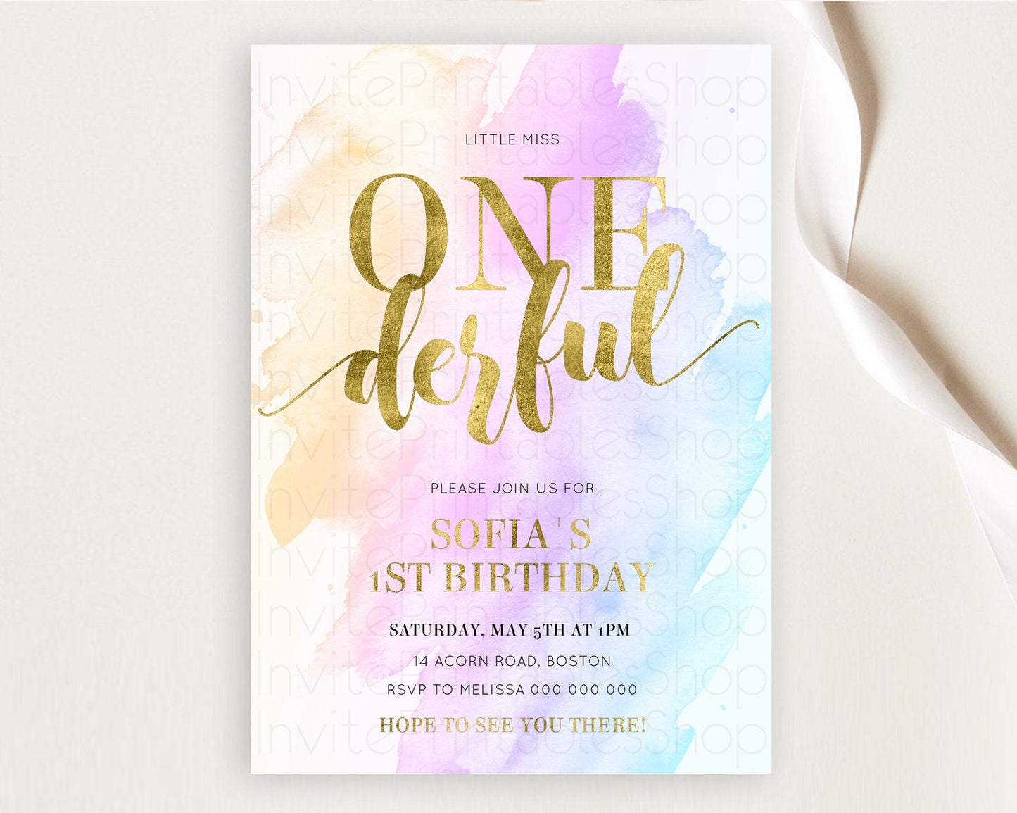 ONEderful Rainbow Birthday Invitation Colorful Pastel Watercolor Invitation Gold Glitter Sprinkles Ombre Pastel 1st Birthday D11027