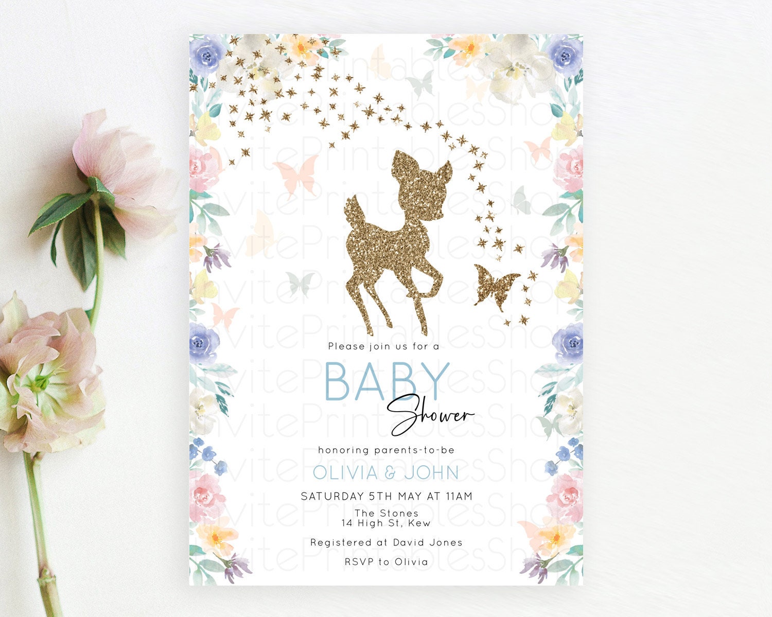 Editable Deer Baby Shower Invitation, Enchanted Forest, Secret Garden, Paste