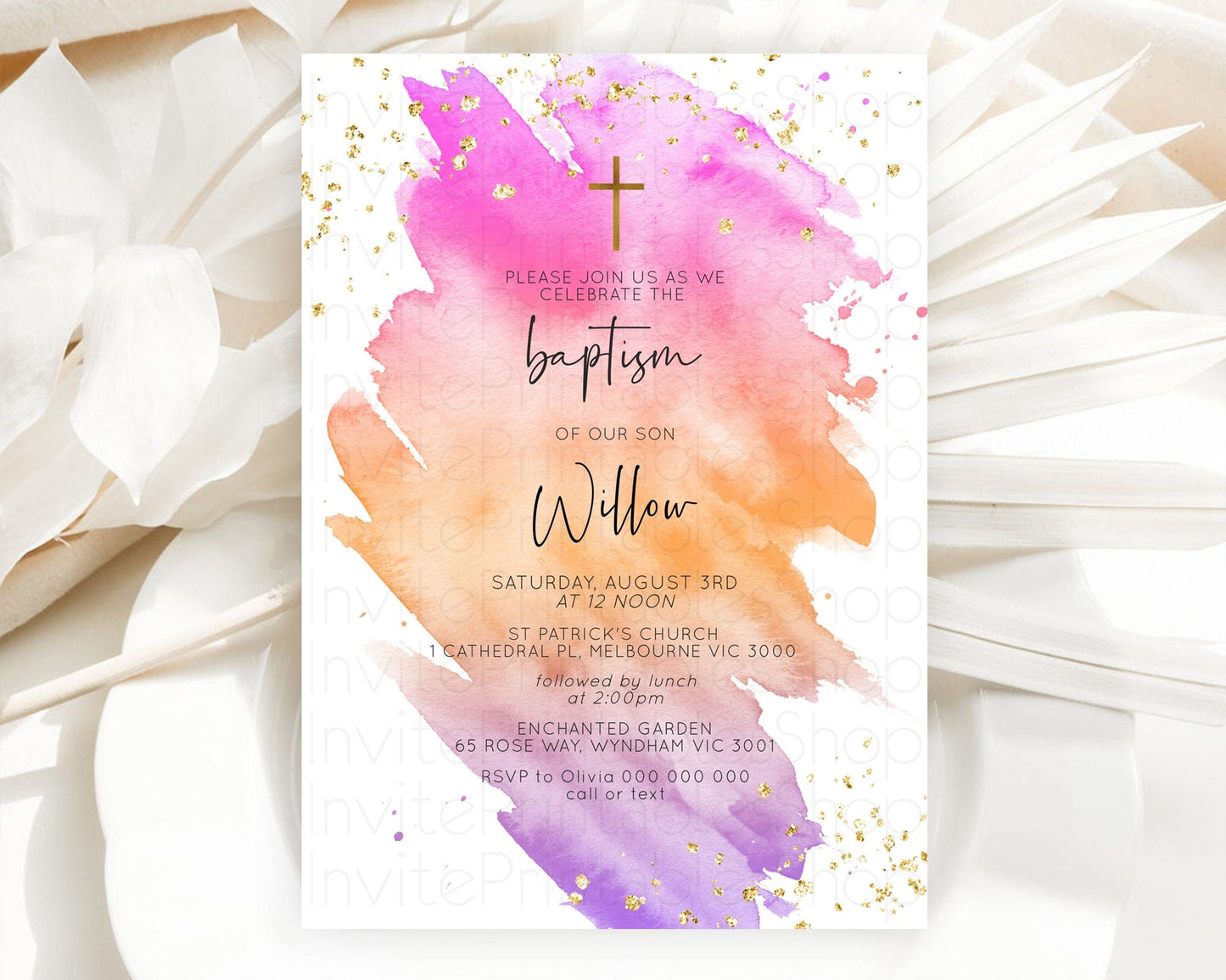 Pastel Baptism Invitation Pastel Colors Watercolor Baptism 1st Birthday Party Gold Ombre Pastel Rainbow Christening Holy Communion D10488
