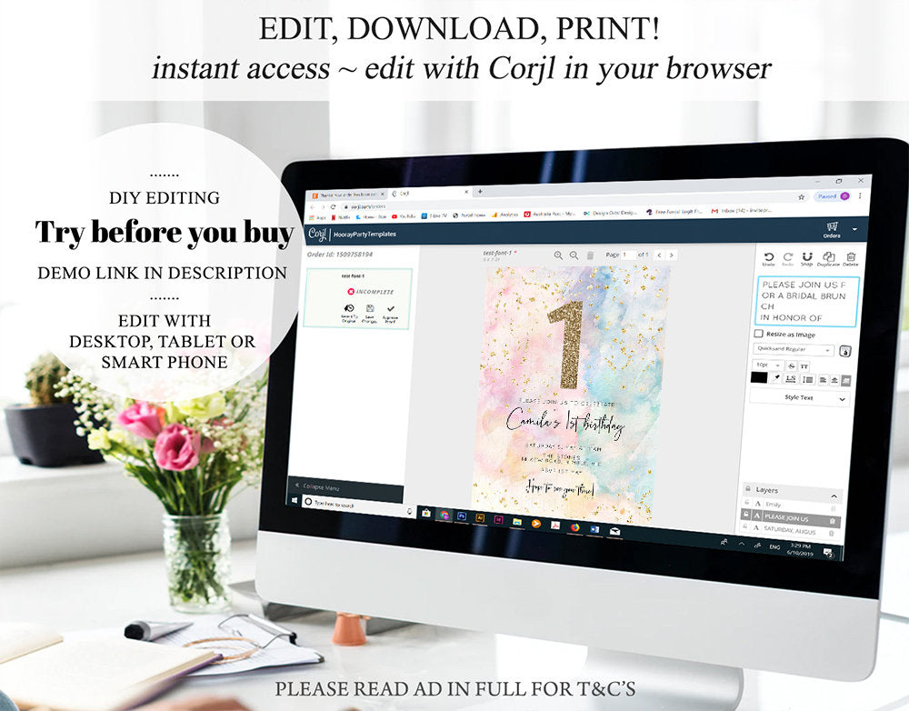 Rainbow Birthday Invitation Colorful Watercolor Gold Glitter Sprinkles Ombre Pastel Invitation 1st 2nd 3rd Printable Editable Invite 276
