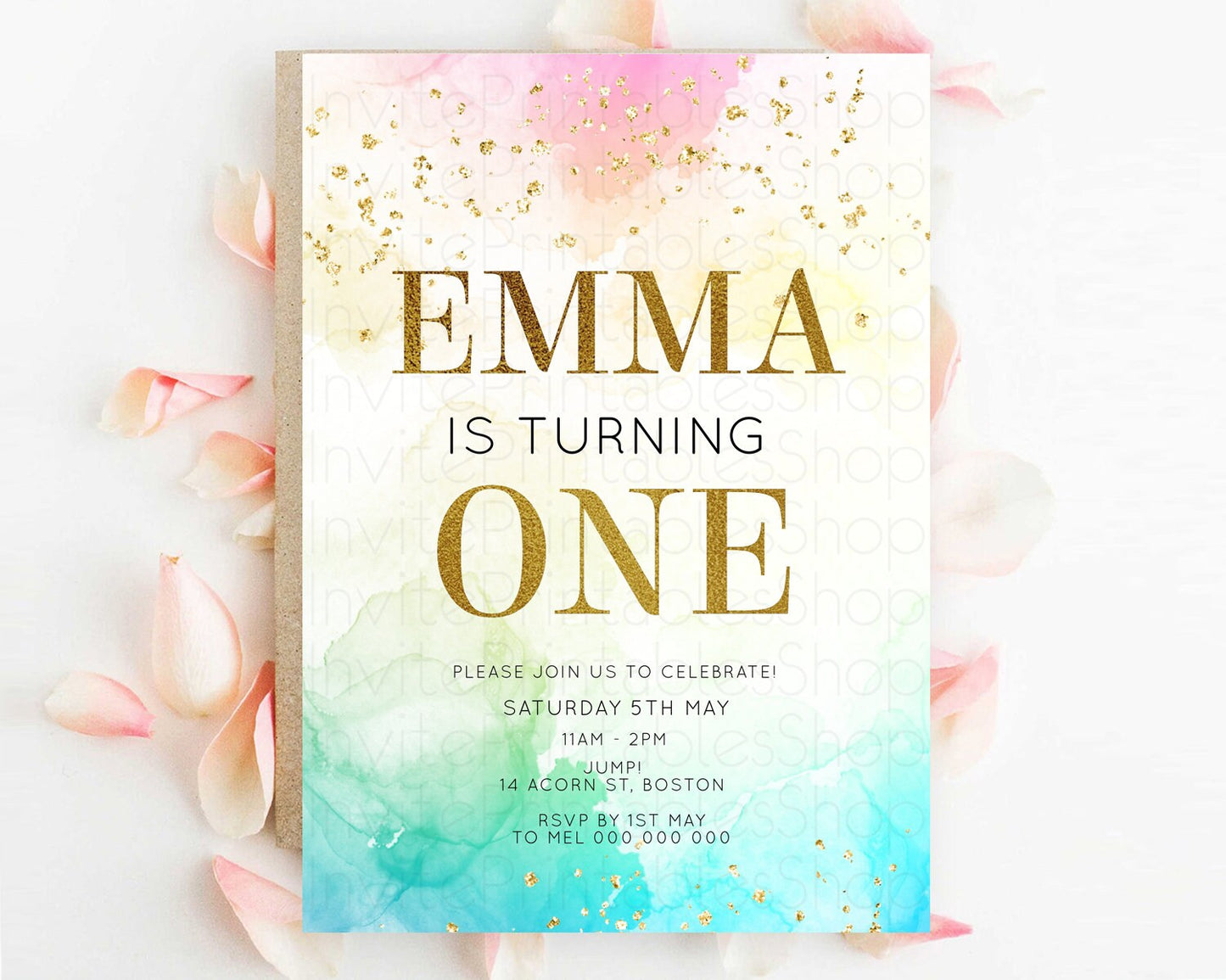 Rainbow Birthday Invitation Colorful Pastel Watercolor Invitation Gold Glitter Sprinkles Ombre Pastel 1st 2nd 3rd Birthday D10770