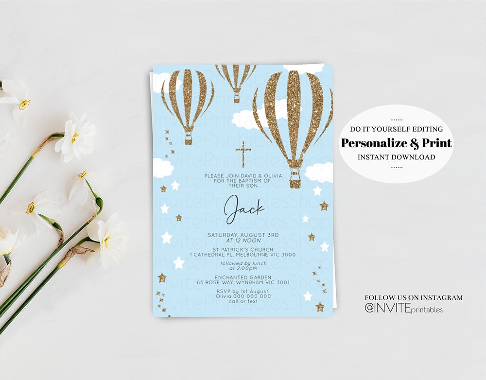 Hot Air Balloon Baptism Christening Invitation Confetti Sprinkle Magical Stars Sky Clouds Orthodox Silver Cross Blue Hotair Balloon