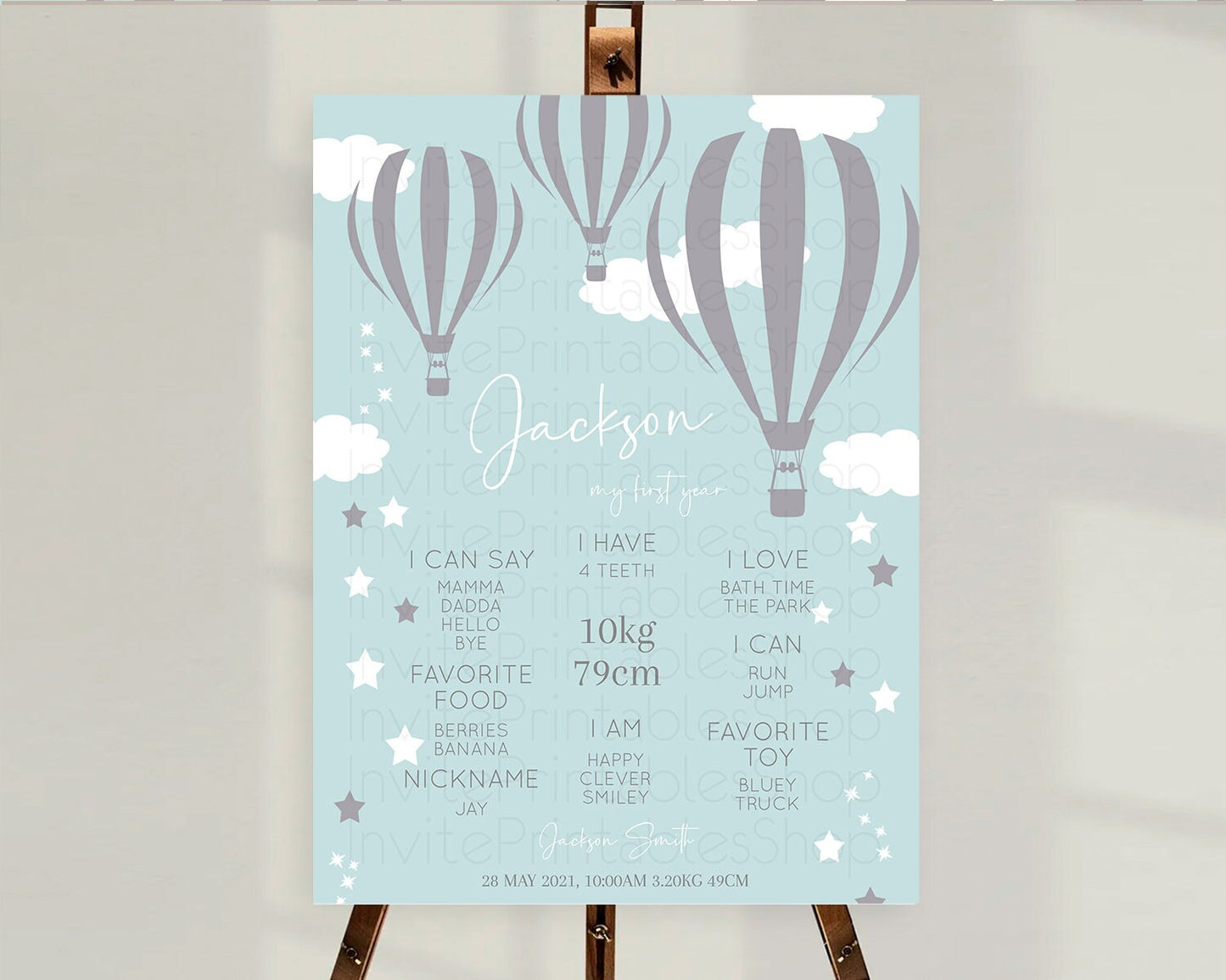 Hot Air Balloon First Birthday Milestone Poster Hot Air Balloon Milestone Board Adventure Awaits Blue Watercolor 1st Birthday Boy D10324