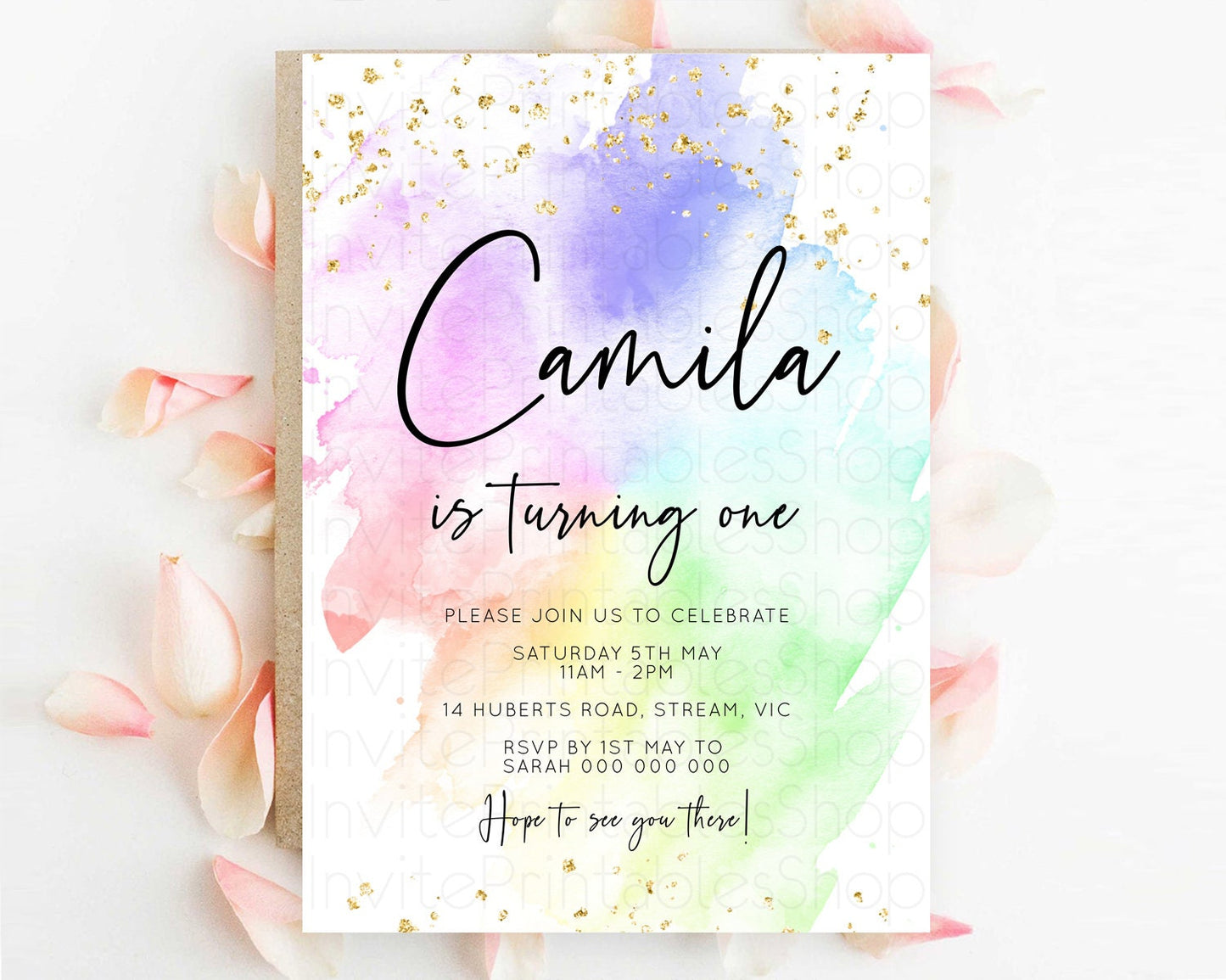 Rainbow Birthday Invitation Colorful Pastel Watercolor Invitation Gold Glitter Sprinkles Ombre Pastel 1st 2nd 3rd Birthday D10316