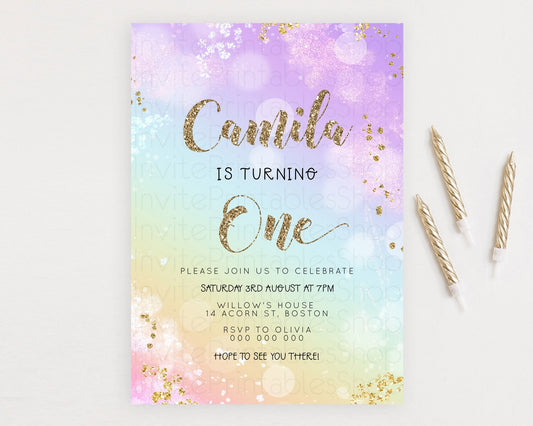 Rainbow Birthday Invitation Colorful Pastel Watercolor Invitation Gold Glitter Sprinkles Ombre Pastel 1st 2nd 3rd Birthday D23125