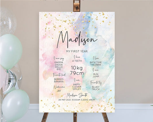 Pastel First Birthday Milestone Board Pastel Rainbow Milestone Poster Colorful Confetti Watercolor Glitter 1st Birthday Welcome Sign D10263