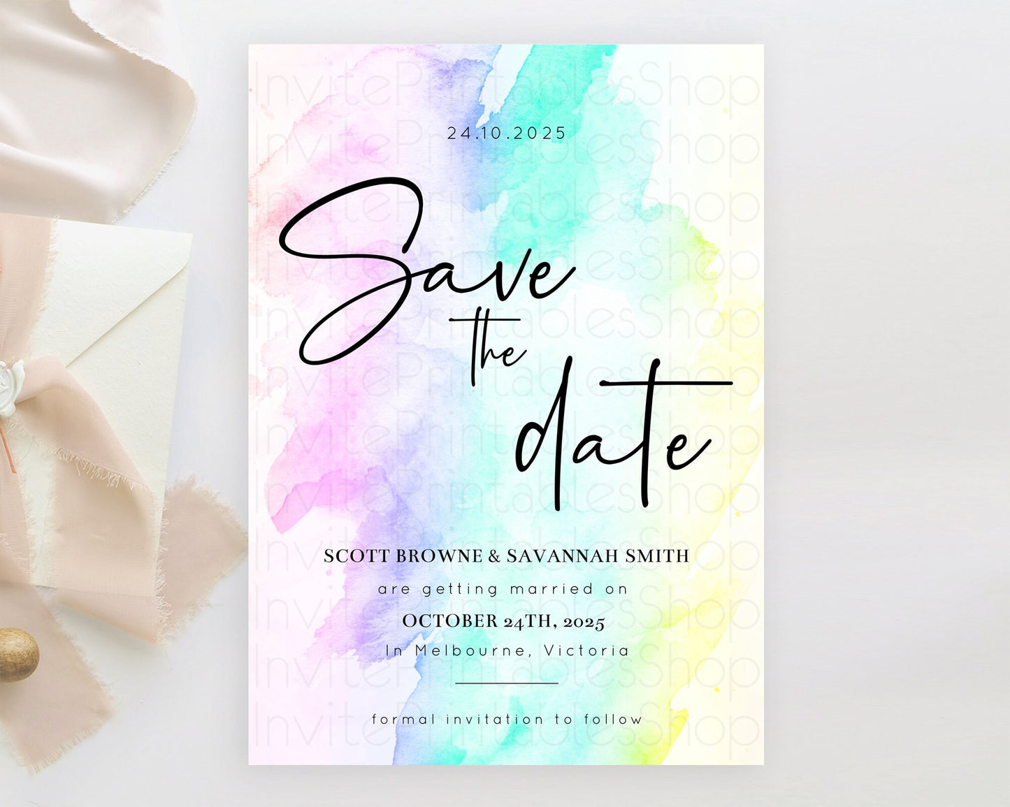 Pastel Save The Date Template Pastel Ombre Rainbow Watercolor Colorful Party For Birthday Baptism Baby Shower Wedding Bridal Shower D10231