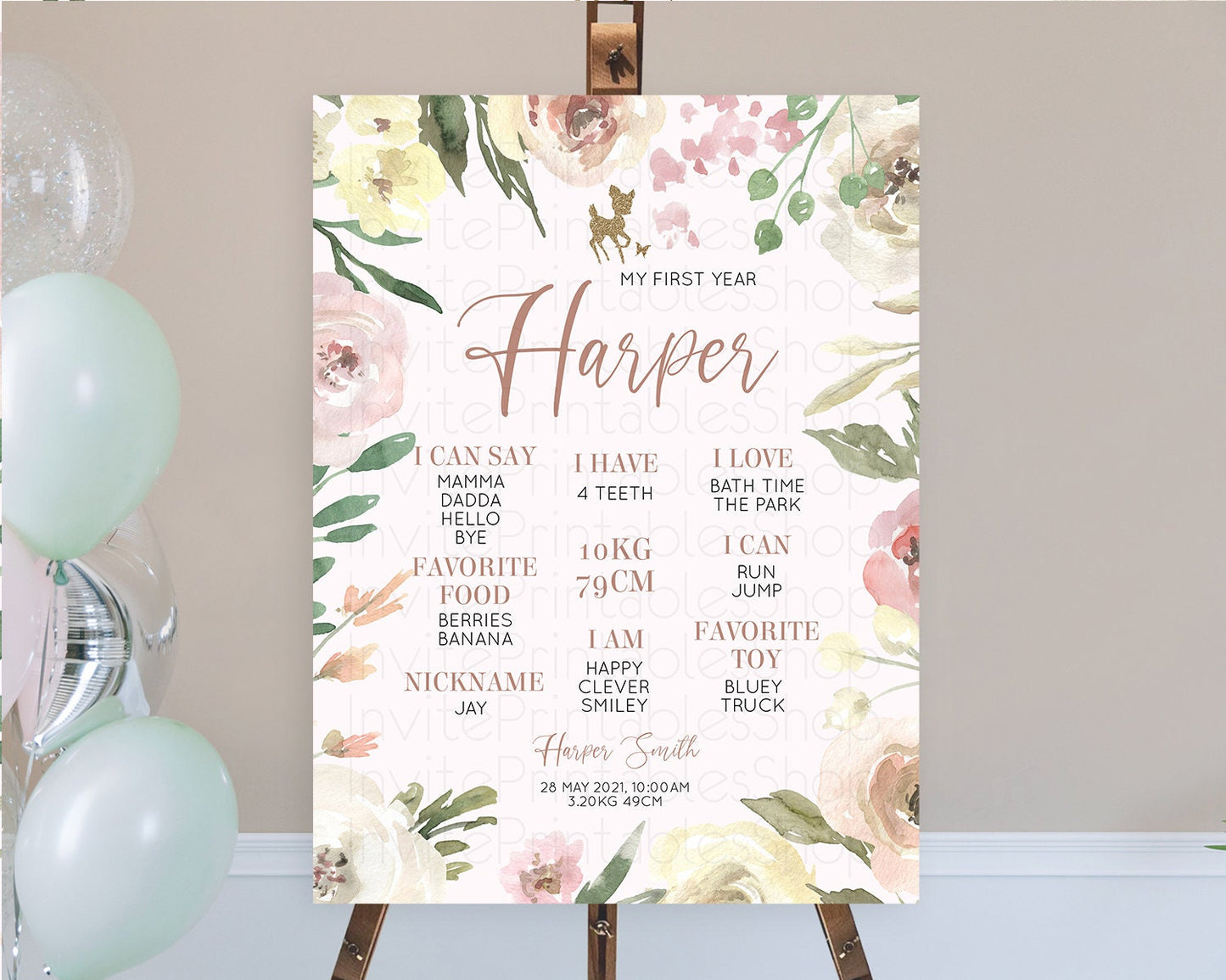 Fawn First Birthday Milestone Board Deer First Birthday Milestone Poster Enchanted Forest Butterfly Pastel Flowers 1st Birthday Sign D10193