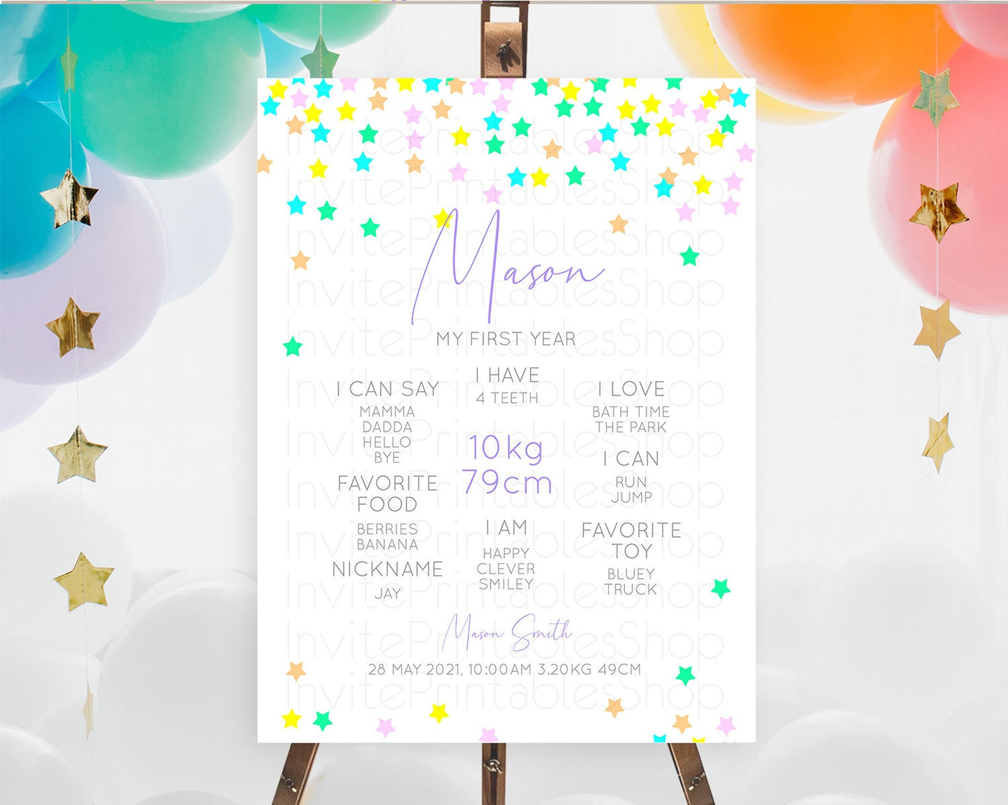 Star First Birthday Milestone Poster Pastel Stars Milestone Shooting Star Rainbow Colorful Confetti Twinkle Little Star 1st Birthday D10394