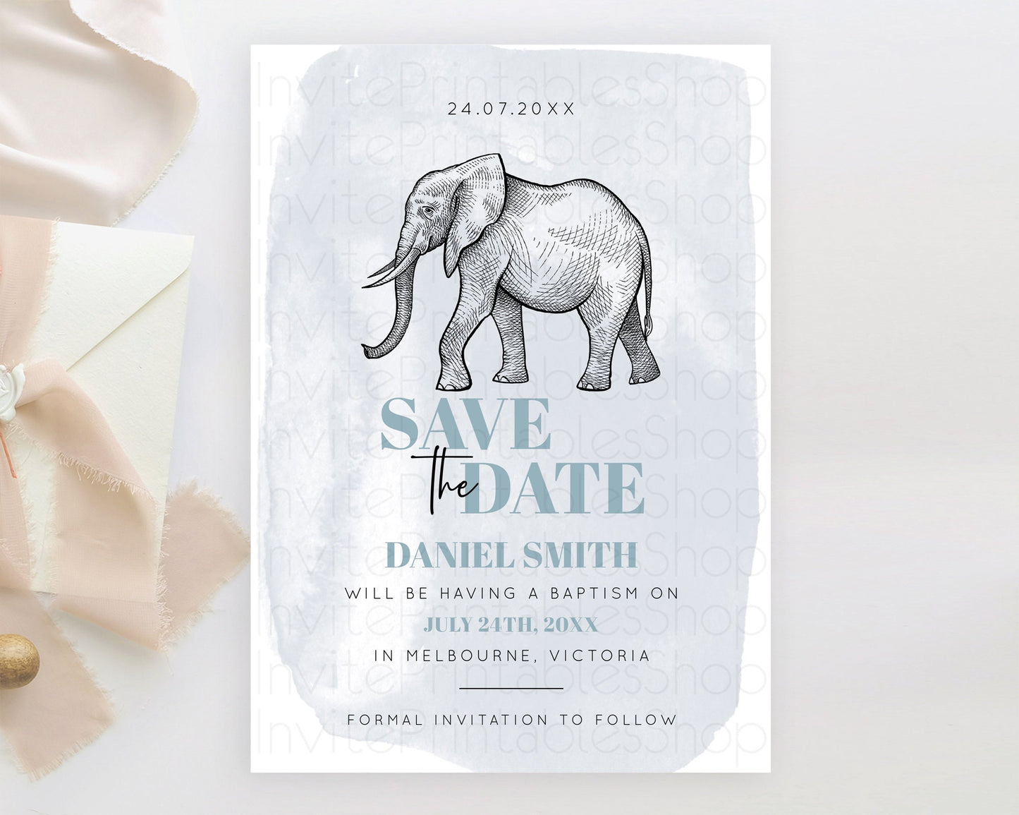 Elephant Save The Date Template Elephant Safari Adventure Party Dried Palm Fern Zoo 1st Birthday Baptism Baby Shower Bridal Shower D10811