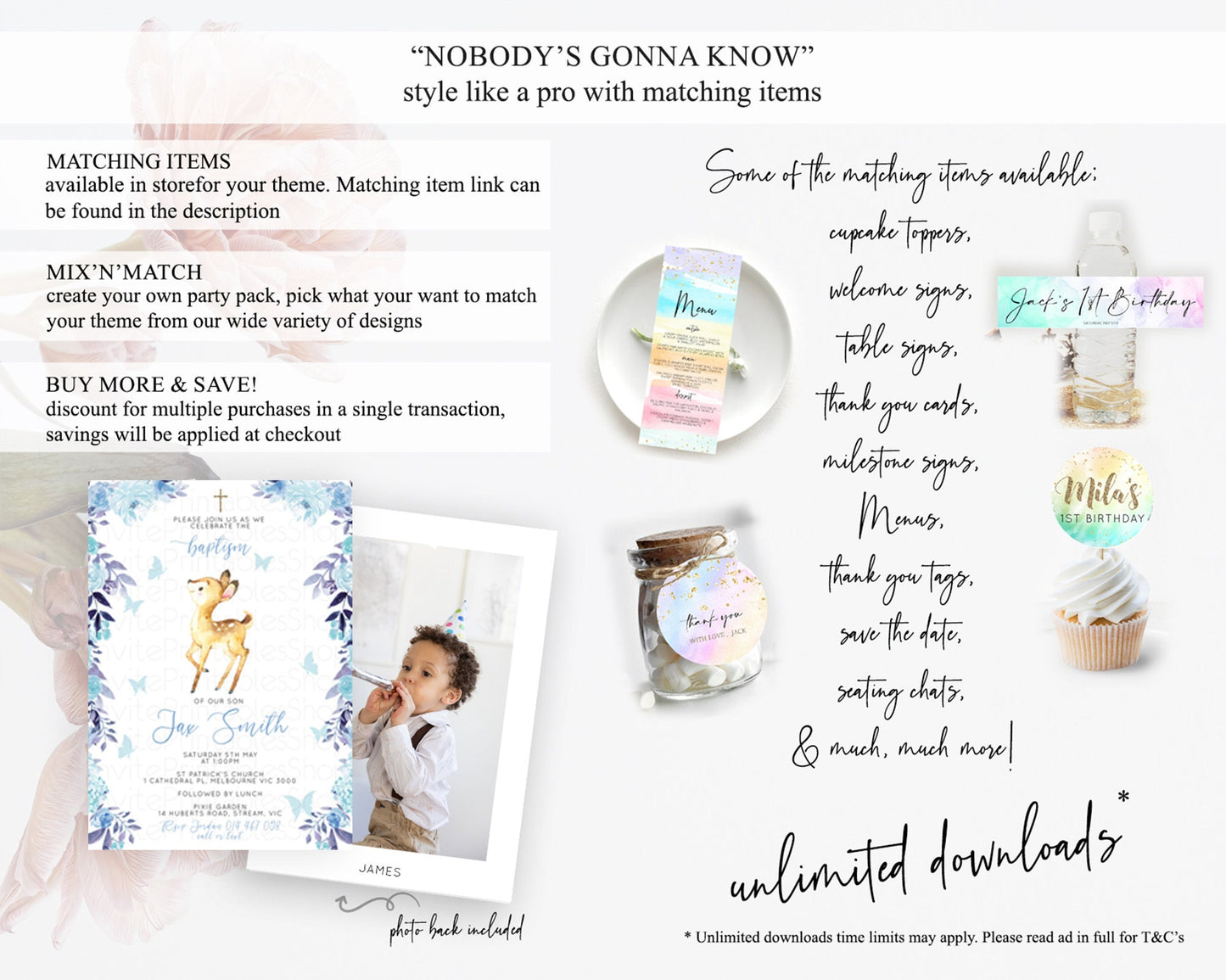 Fawn Baptism Invitation Deer Baptism 1st Birthday Invitation Enchanted Forest Christening Invitation Pastel Garden Butterfly Floral D10917