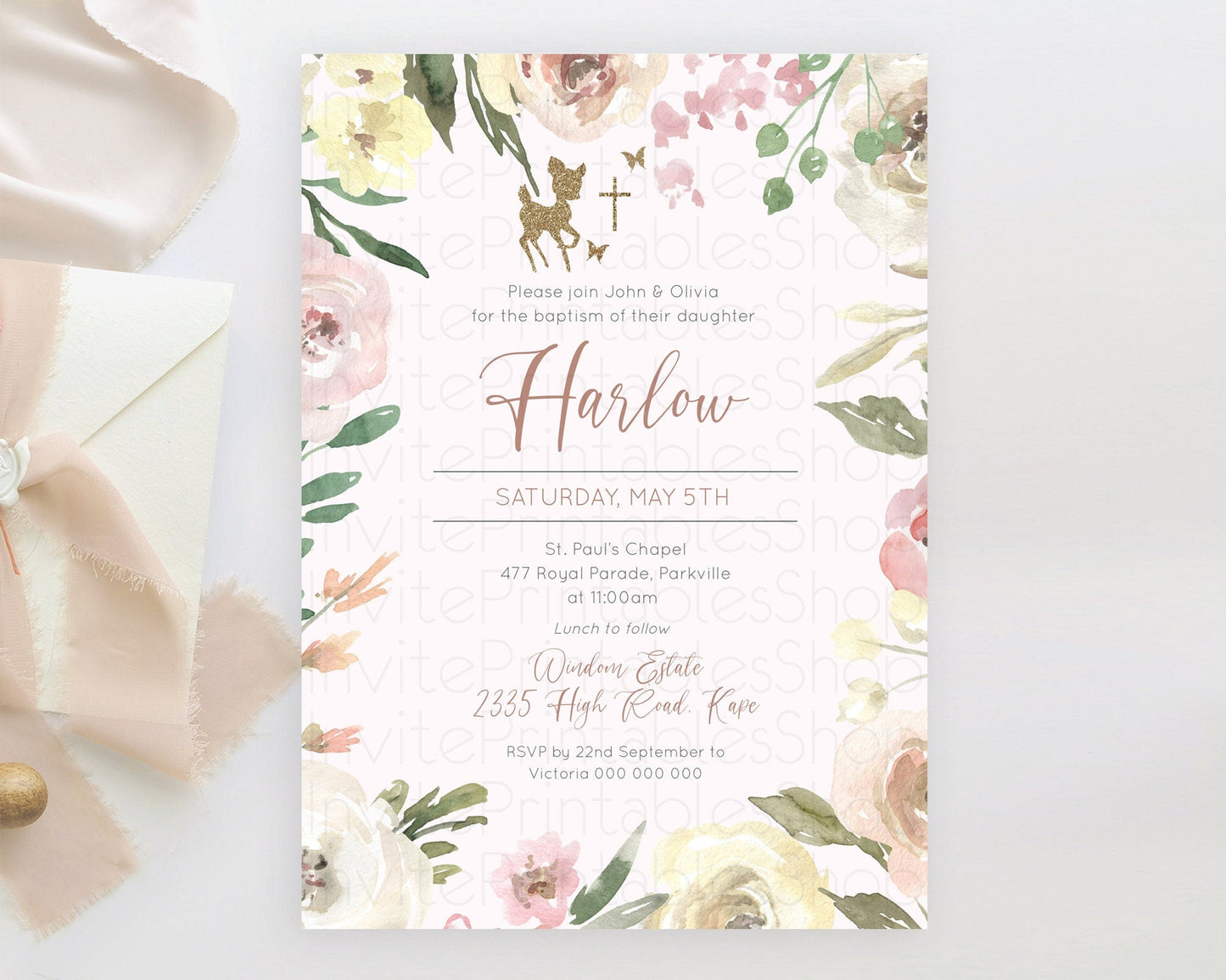 Fawn Baptism Invitation Deer Baptism 1st Birthday Invitation Enchanted Forest Christening Invitation Pastel Garden Butterfly Floral D10193