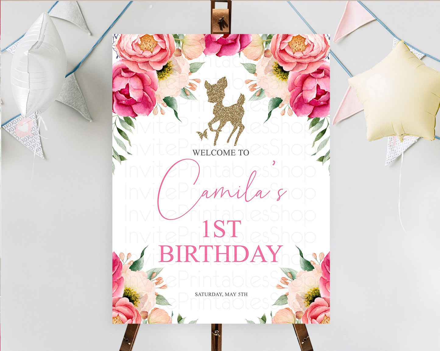 Fawn Welcome Sign Deer Welcome Board Floral Deer Welcome Poster Enchanted Forest Butterfly Pastel Floral First Birthday Welcome Sign D10326